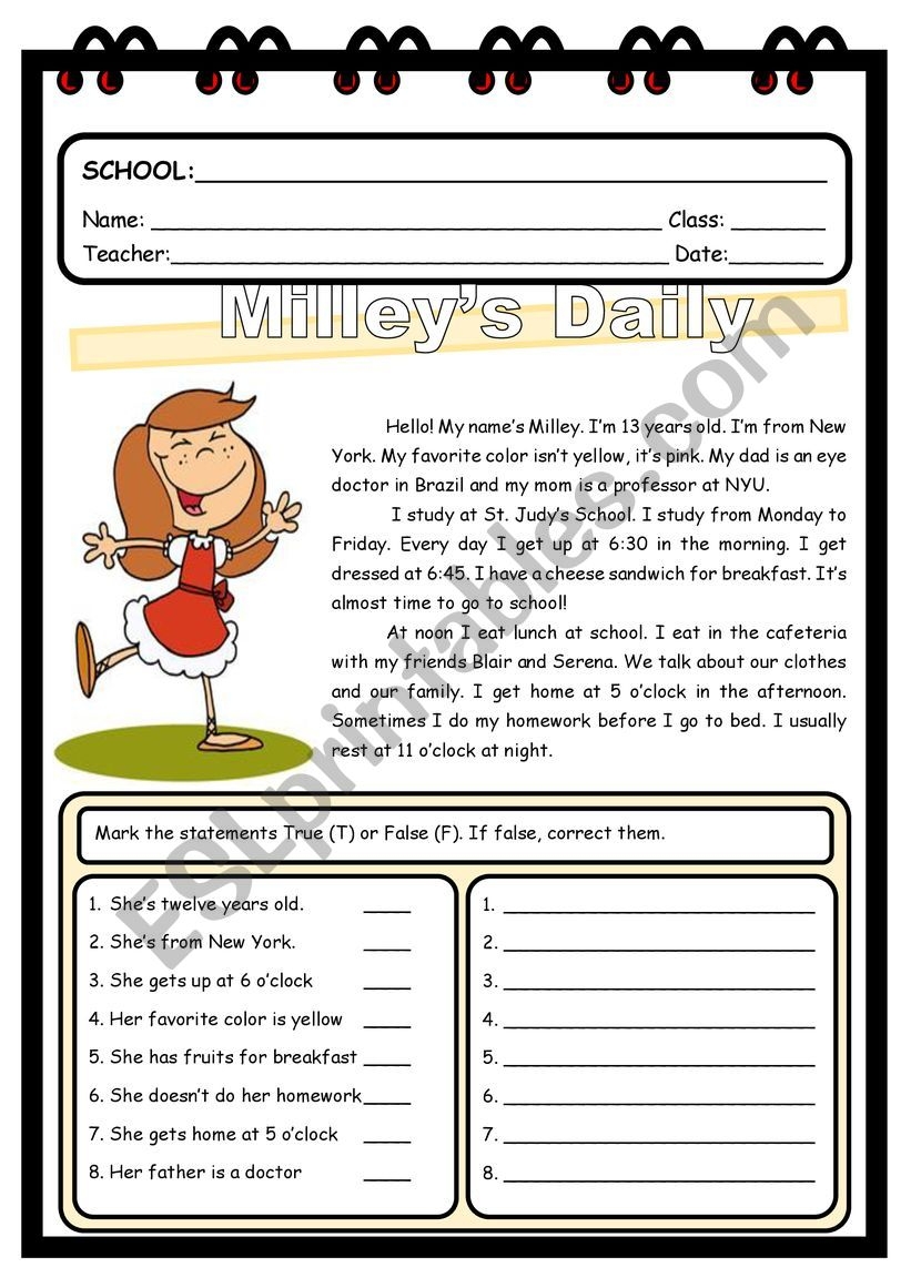 READING COMPREHENSION MILLEY S DAILY ROUTINE ESL Worksheet By TalyssonPereira