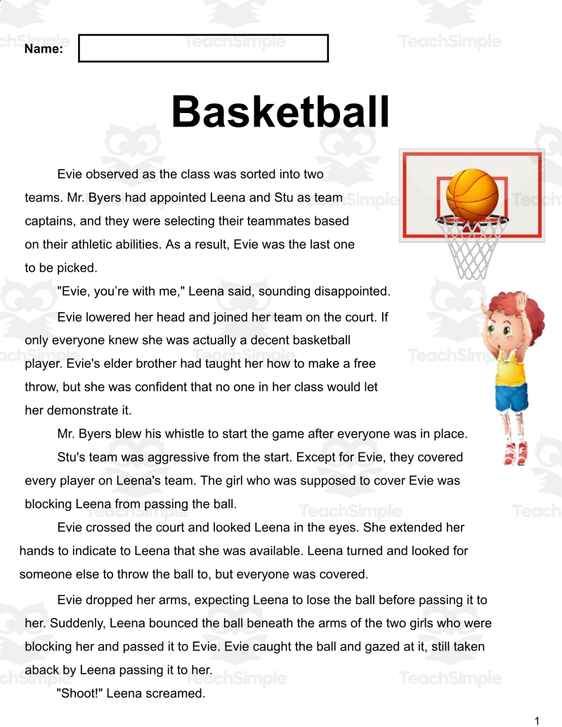 Free Basketball Reading Comprehension Worksheets