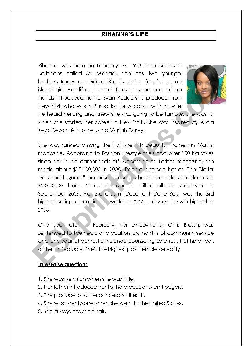 Reading Comprehension Rihanna Biography ESL Worksheet By Brigittebrigitte