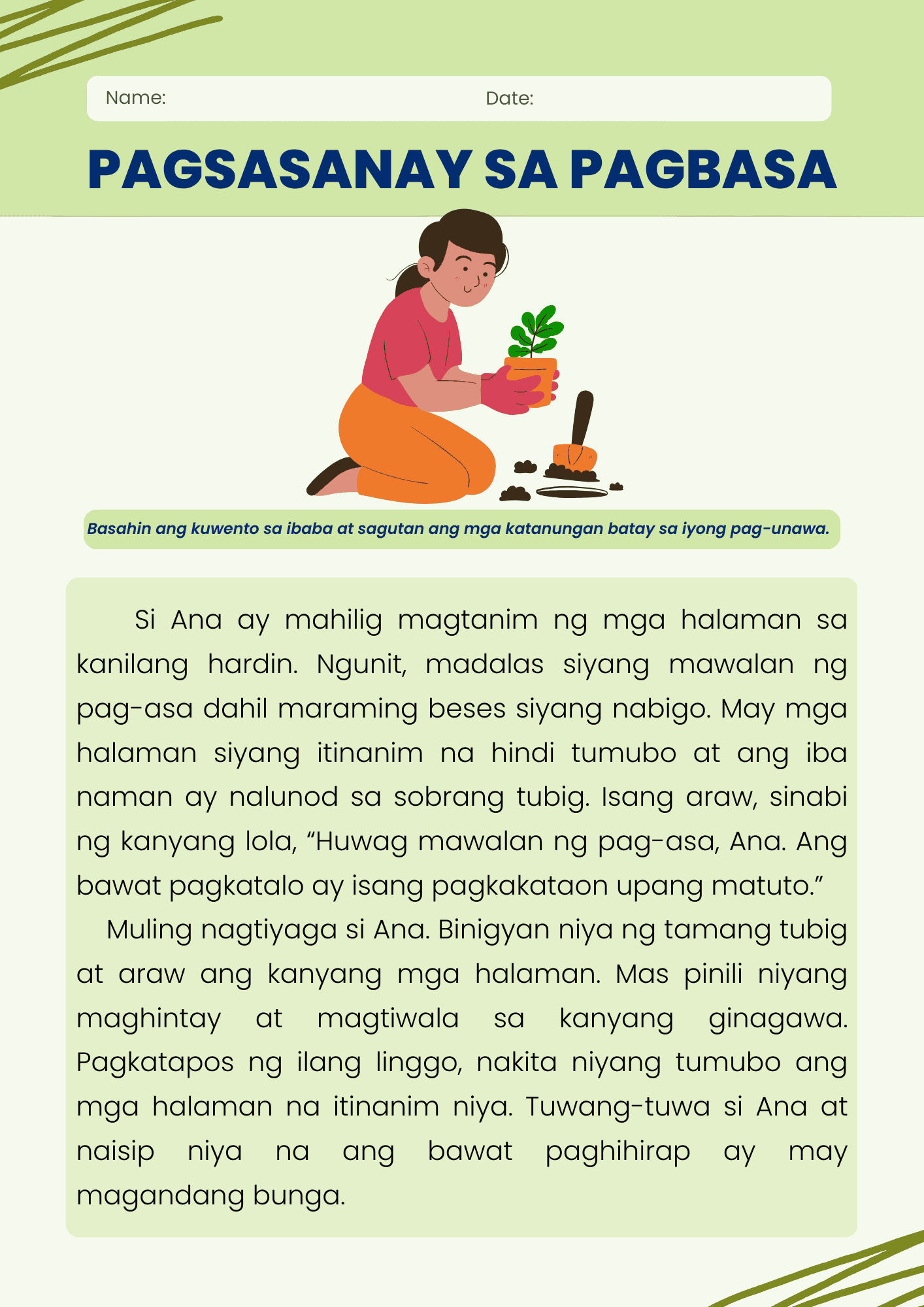 Filipino Reading Comprehension Worksheets Grade 1