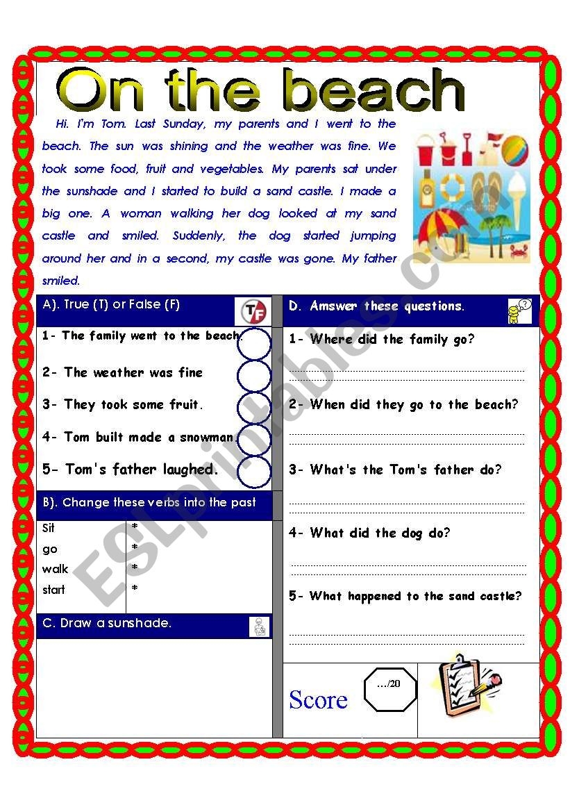 Reading Comprehension Test On The Beach ESL Worksheet By Shmiskeen