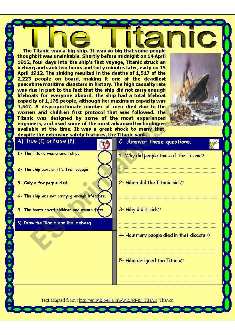 Reading Comprehension Test The Titanic Theme DISASTERS ESL Worksheet By Shmiskeen