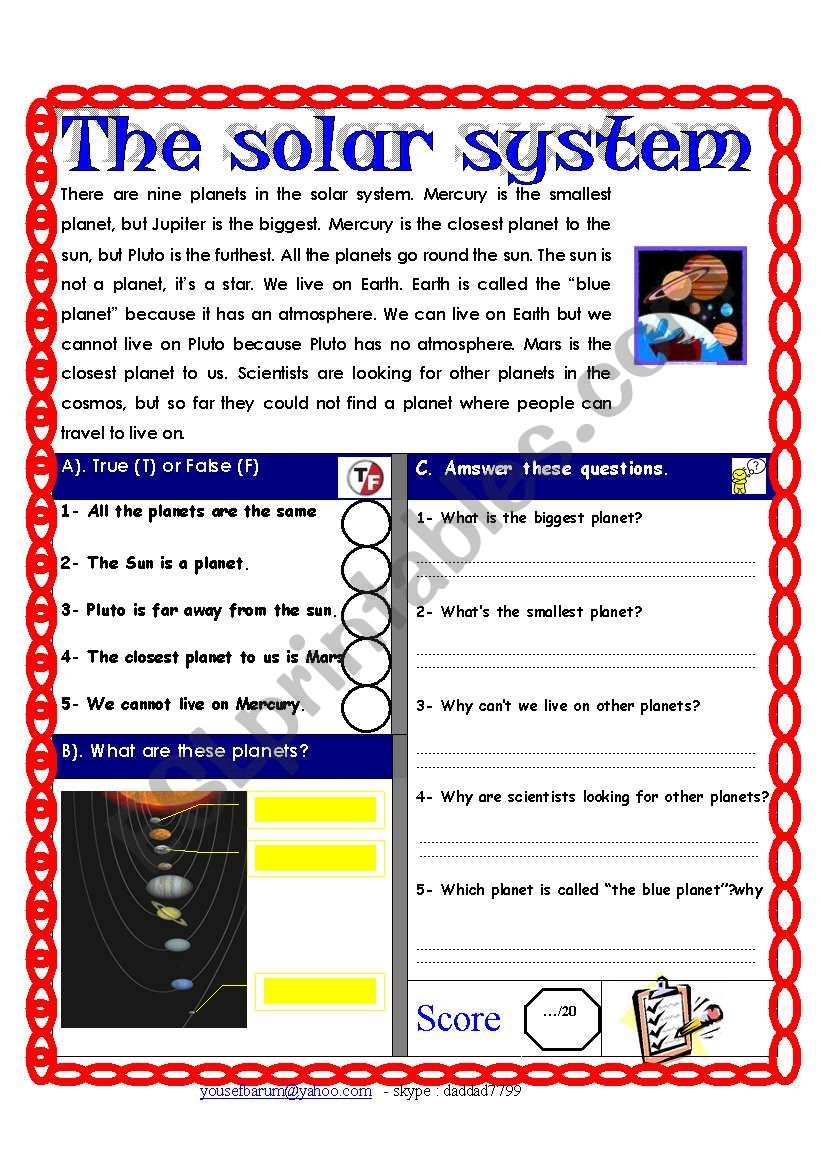 Free Solar System Reading Comprehension Worksheets
