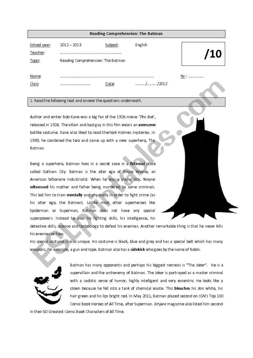 Batman Reading Comprehension Worksheet