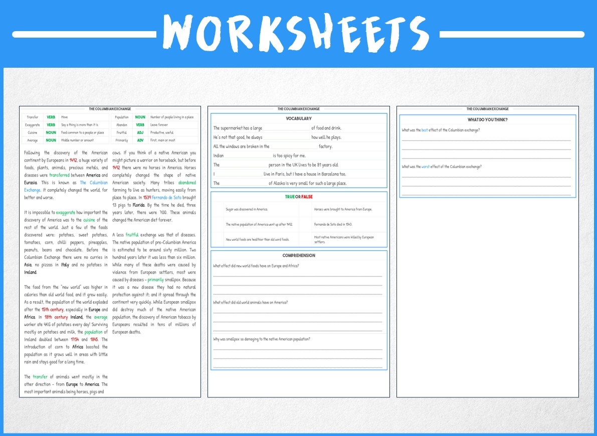 Columbian Exchange Reading Comprehension Worksheets