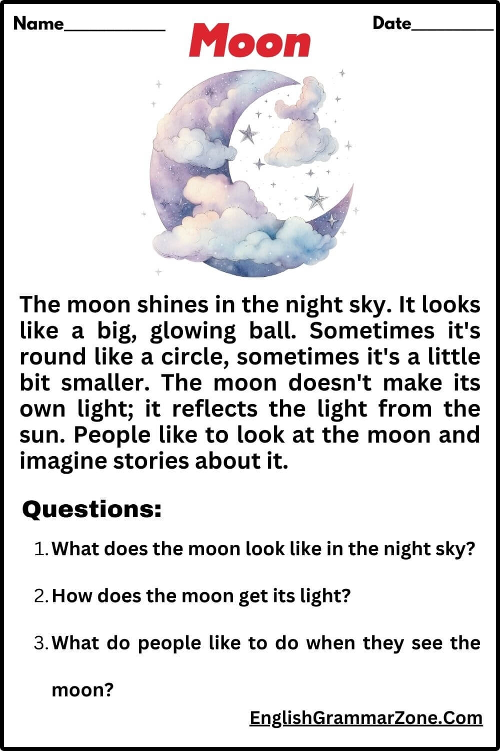 Esl Worksheets The Moon Reading Comprehension
