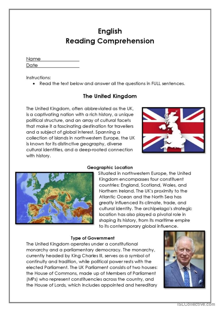 Reading Comprehension THE UNITED K English ESL Worksheets Pdf Doc