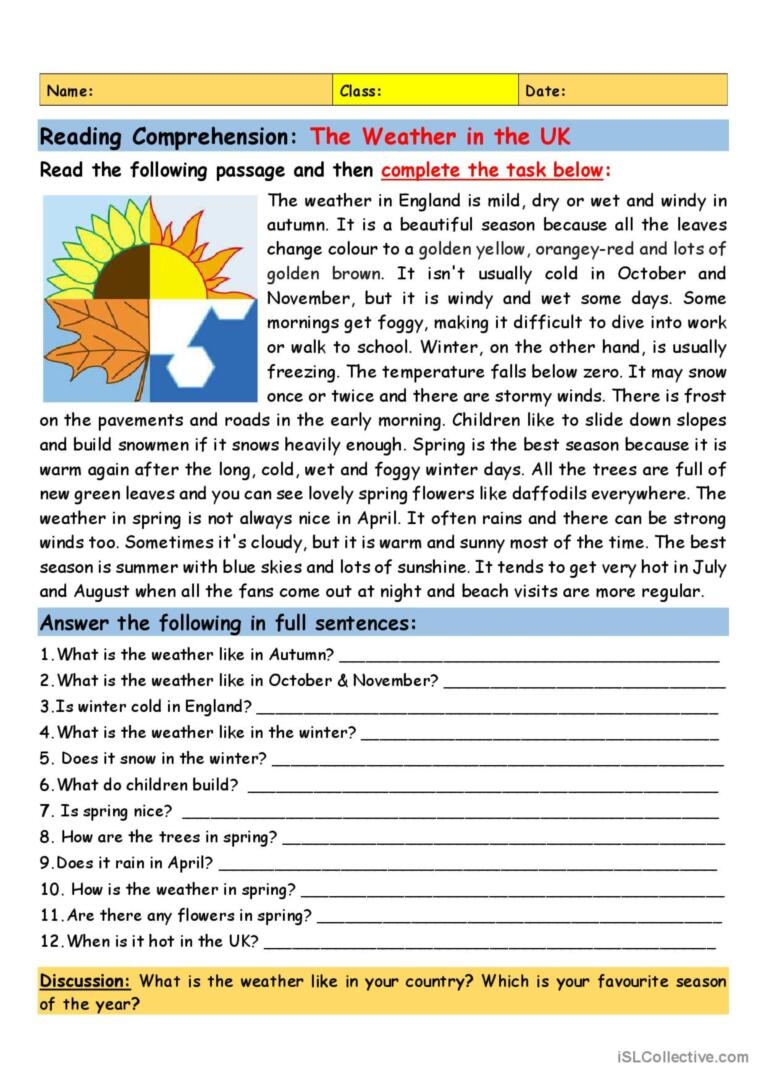 Reading Comprehension The Weather I English ESL Worksheets Pdf Doc