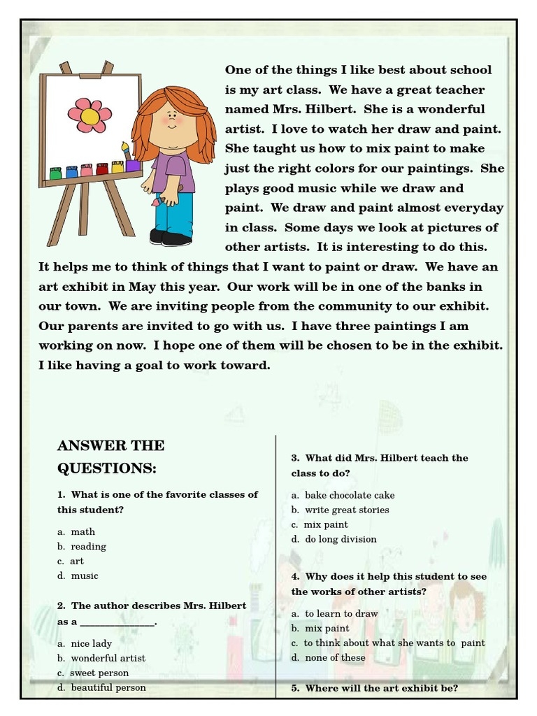 Artist Reading Comprehension Worksheets Artist Reading Comprehension Worksheets