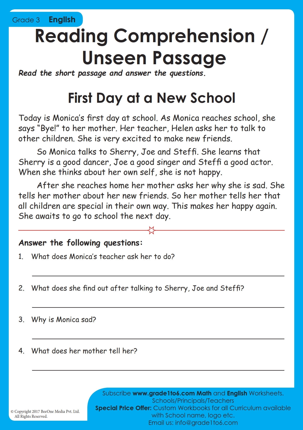 Easy Reading Comprehension Worksheets Grade 3