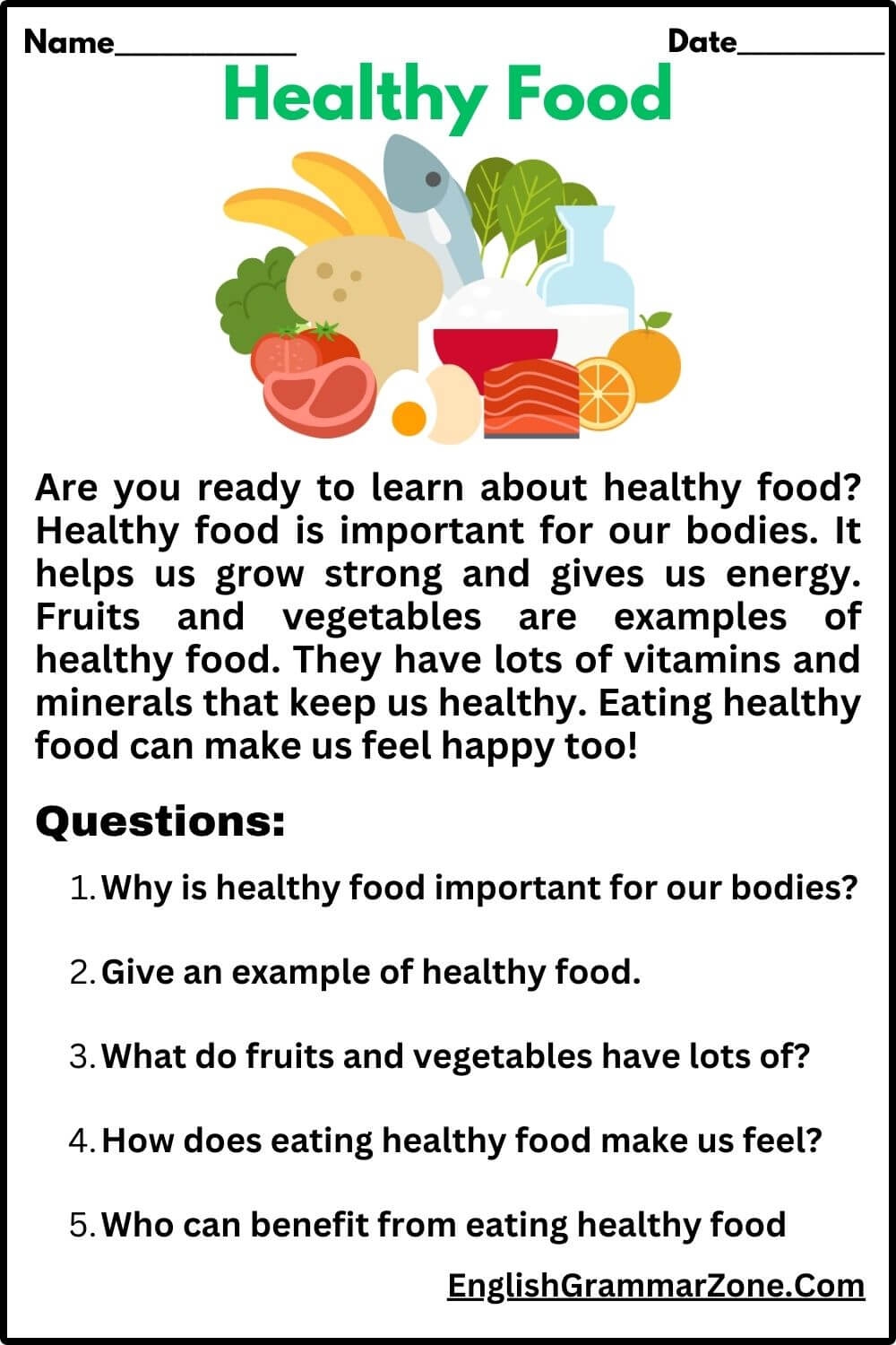 Reading Comprehension Worksheet Healthy Food