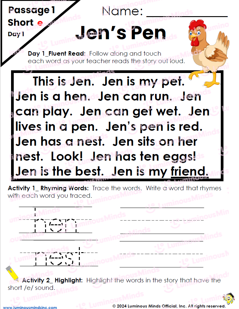 Reading Comprehension Worksheets Decodable Passages Repeated Readings Fluency Building Set 3 Short E 