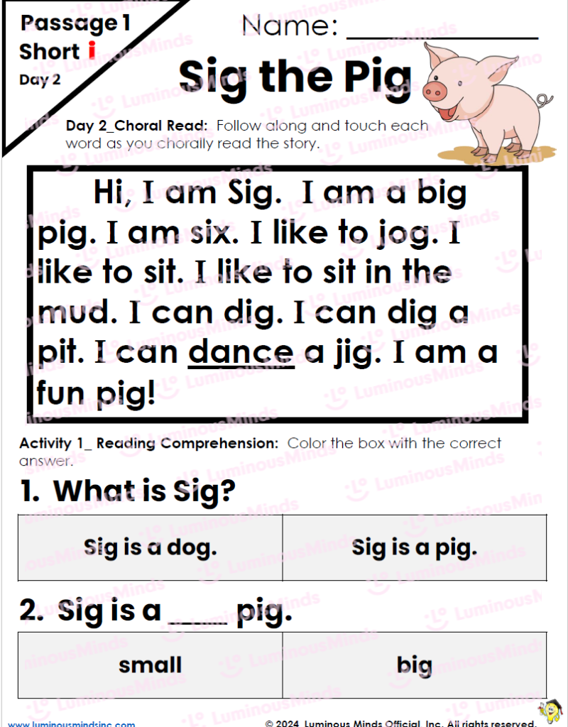 Reading Comprehension Worksheets Decodable Passages Repeated Readings Fluency Building Set 4 Sig The Pig Short I 