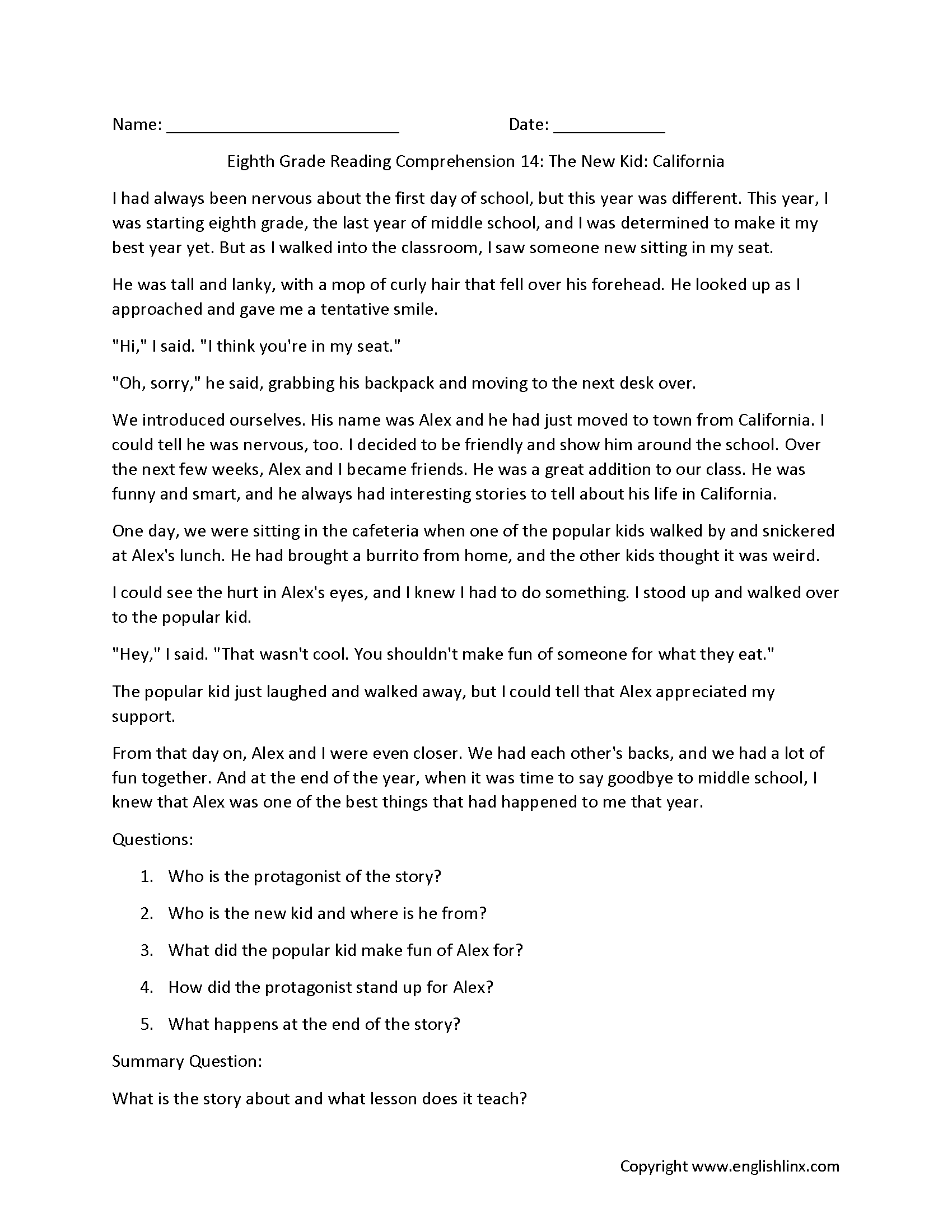 Free Reading Comprehension 8Th Grade Worksheets Free Reading Comprehension 8Th Grade Worksheets