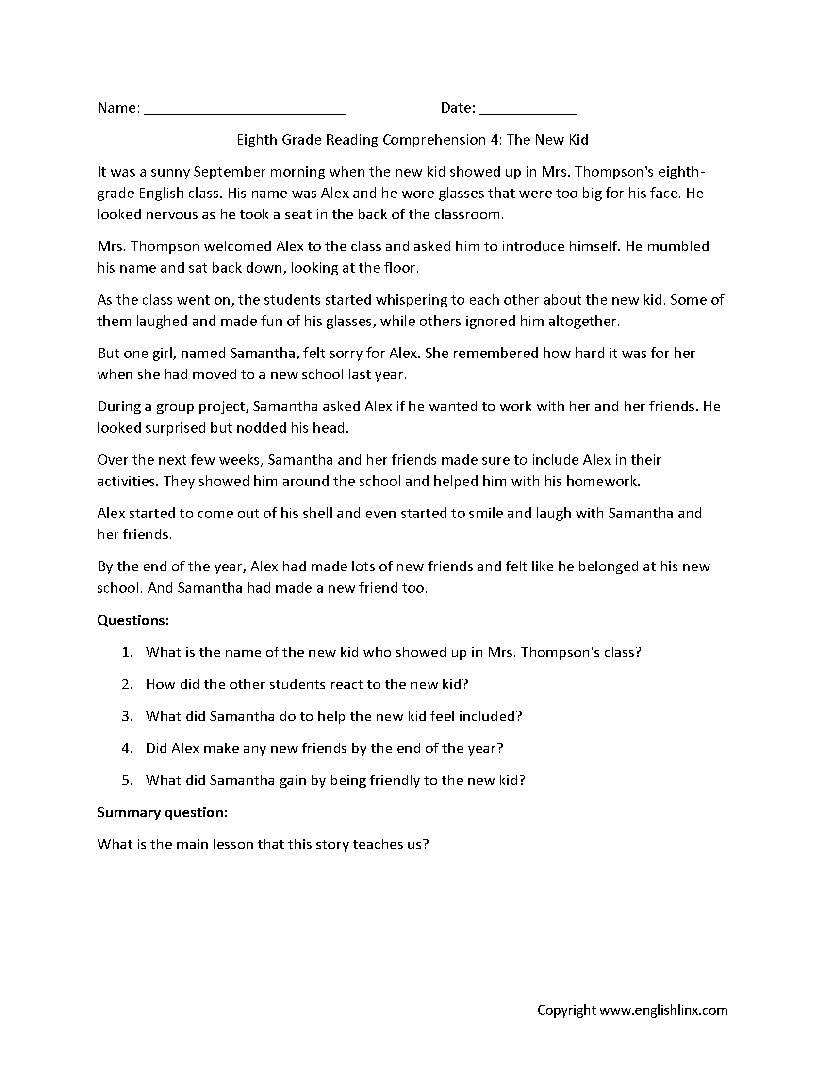 Reading Comprehension Worksheets Eighth Grade Reading Comprehension Worksheets