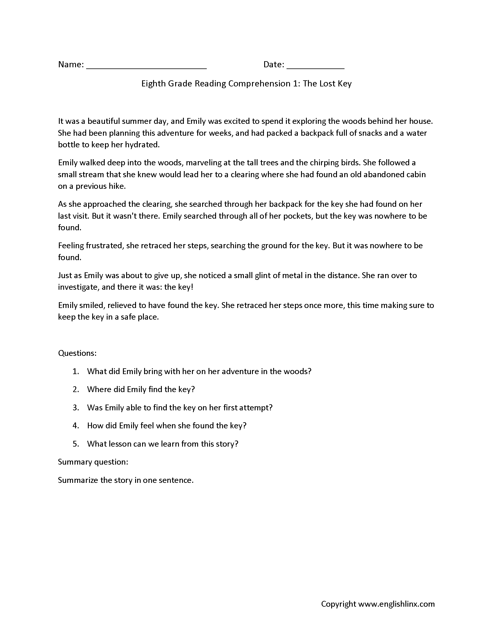 Eighth Grade Reading Comprehension Worksheets