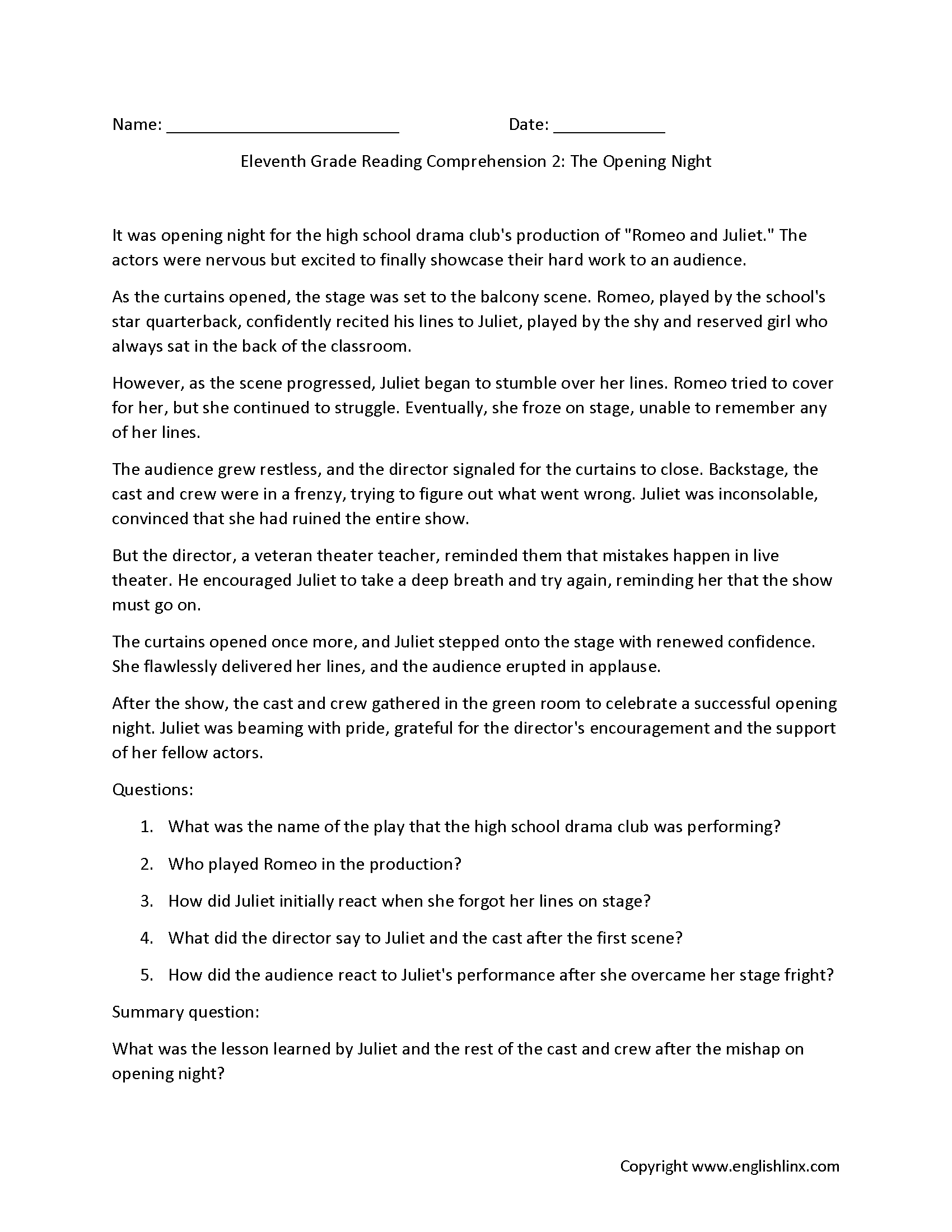 Reading Comprehension Worksheets Eleventh Grade Reading Comprehension Worksheets