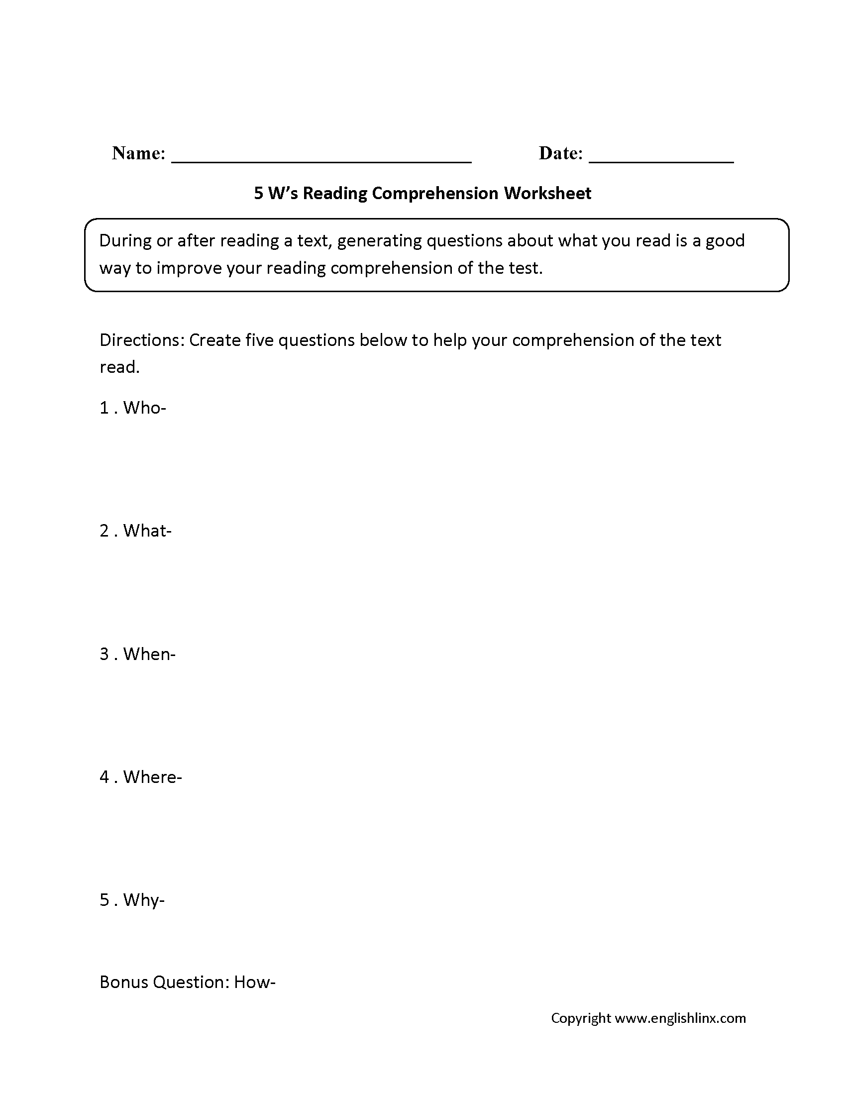 Reading Comprehension Worksheets Five W s Reading Comprehension Worksheets