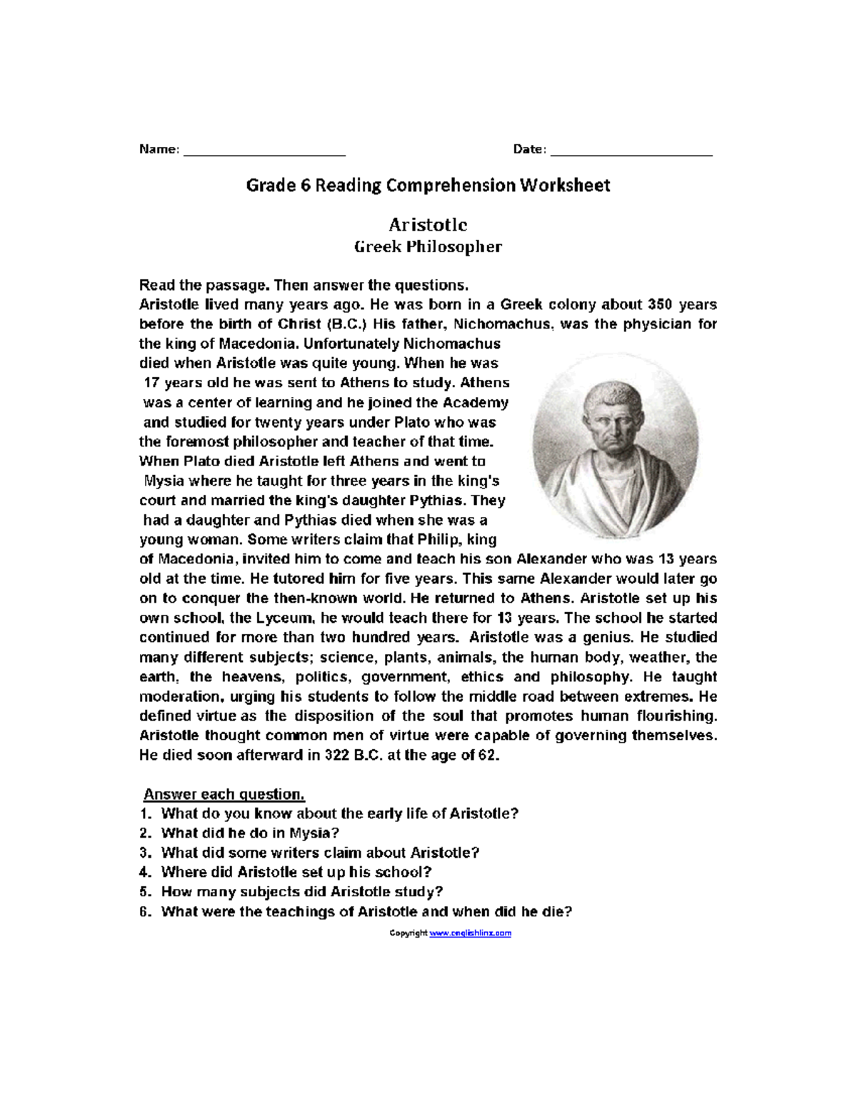 Grade 6 Worksheets Reading Comprehension