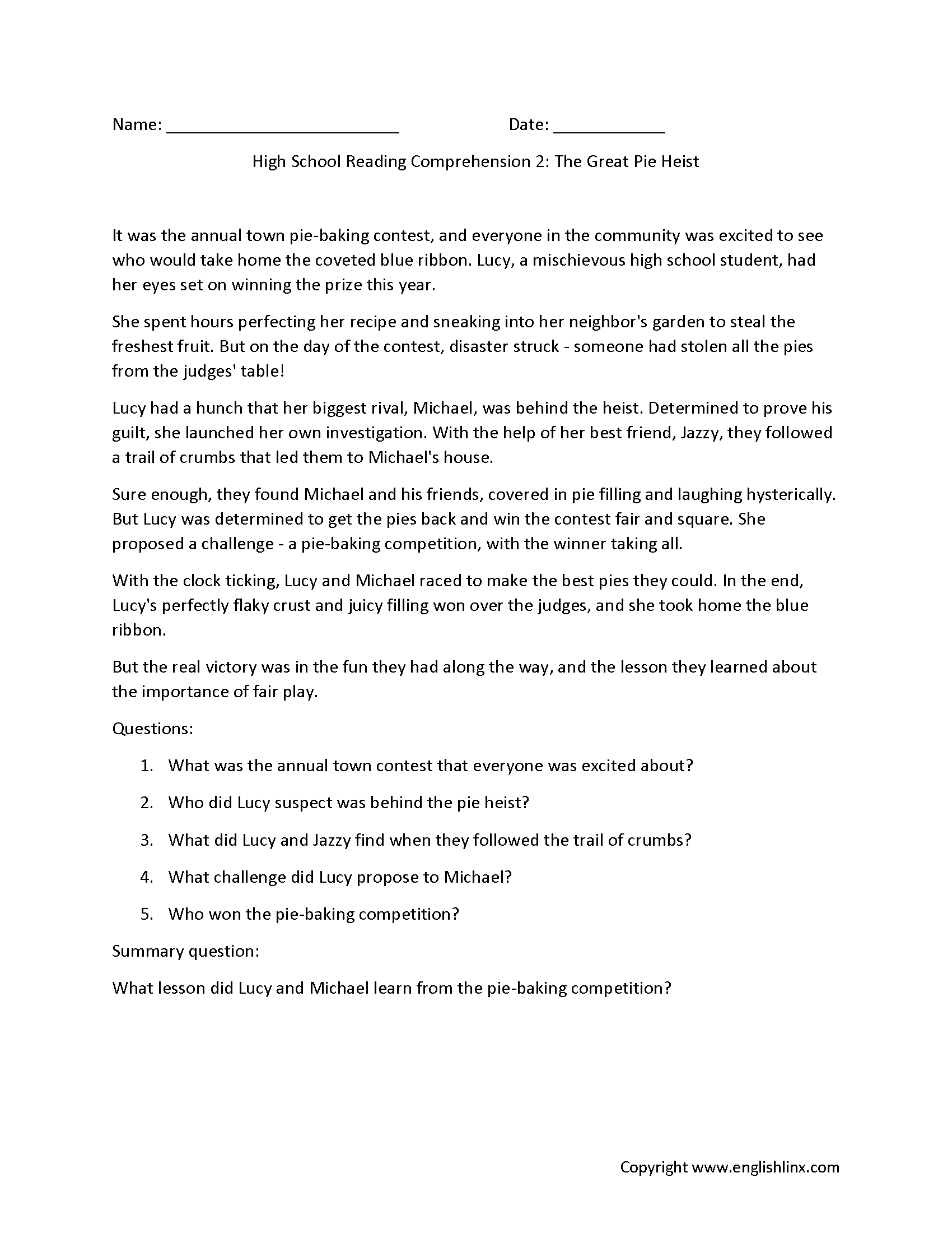 Reading Comprehension Worksheets High School Reading Comprehension Worksheets