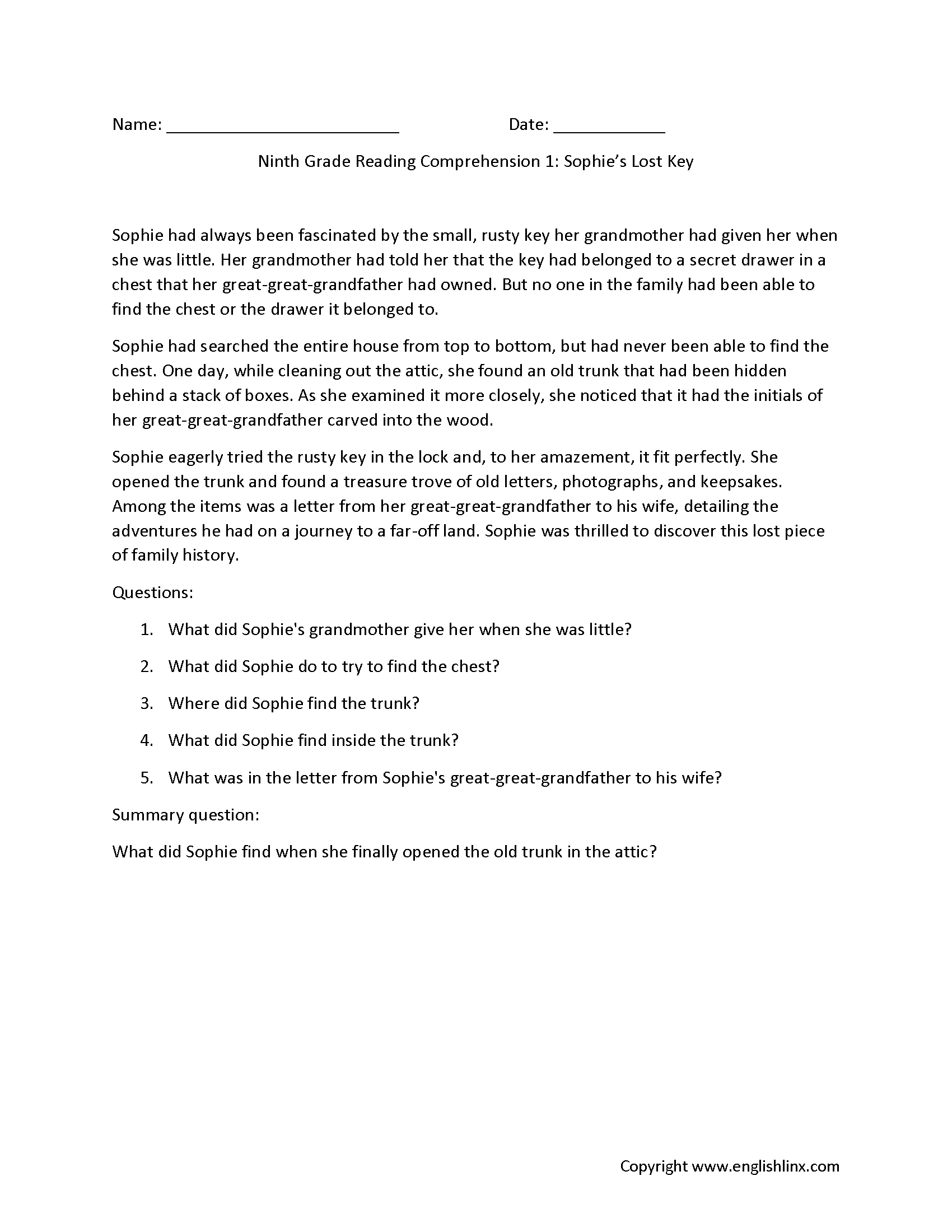 Reading Comprehension Worksheets Ninth Grade Reading Comprehension Worksheets
