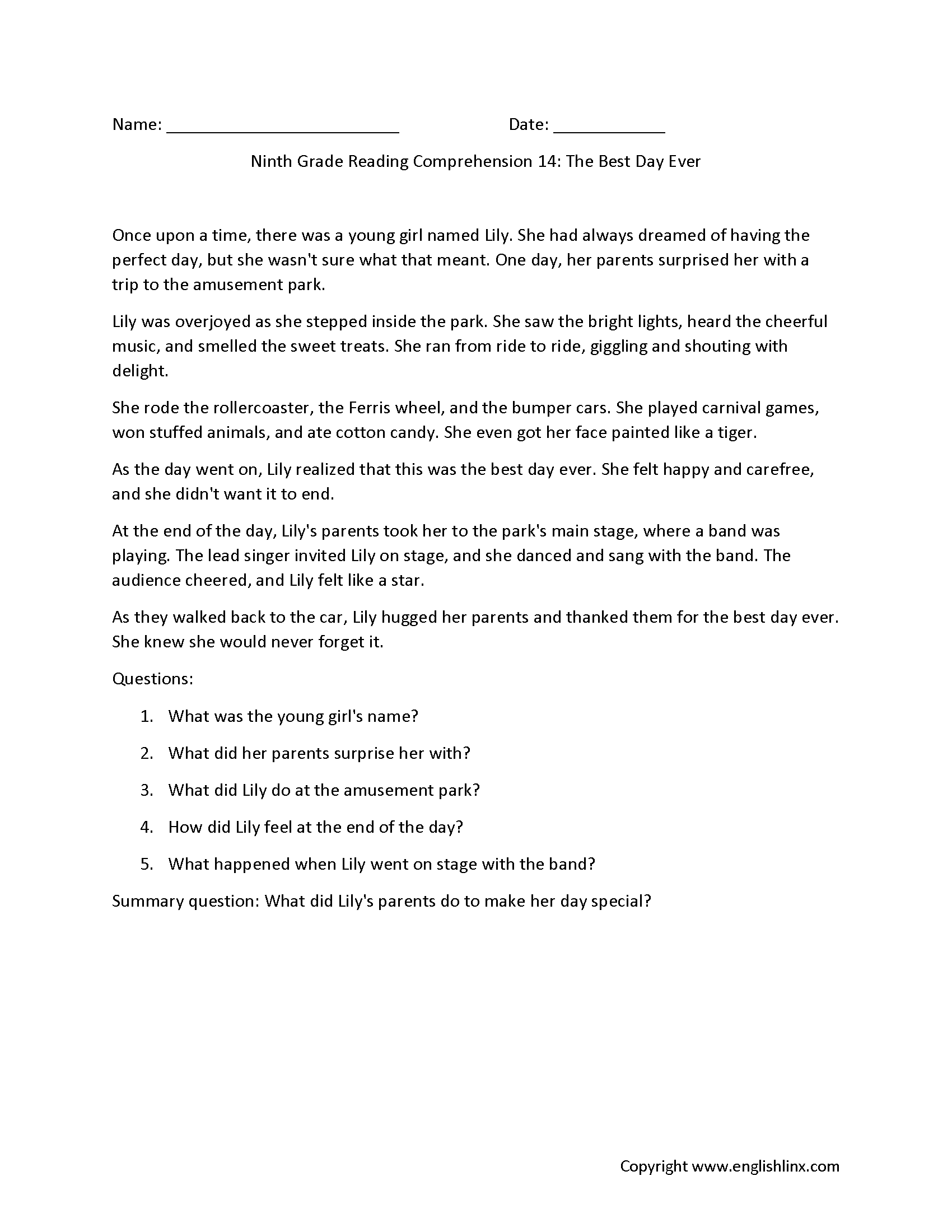 Reading Comprehension Worksheets Ninth Grade Reading Comprehension Worksheets