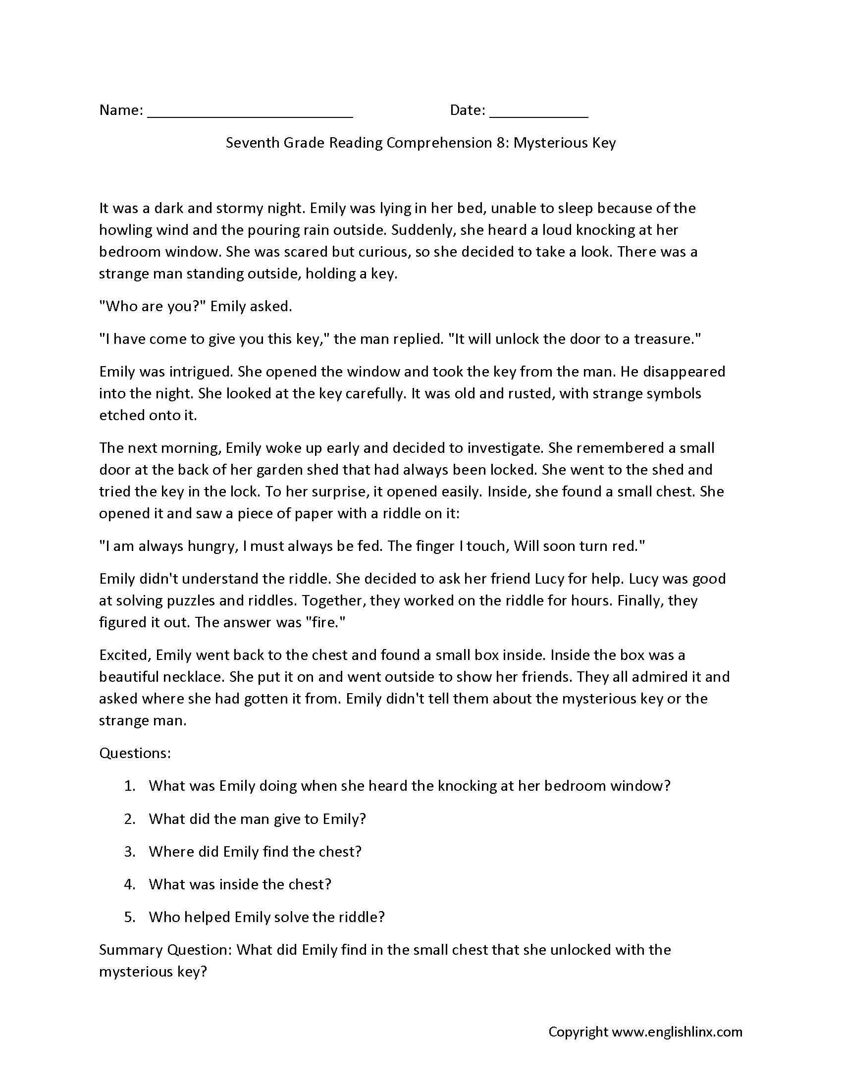 7 8 Grade Reading Comprehension Worksheets