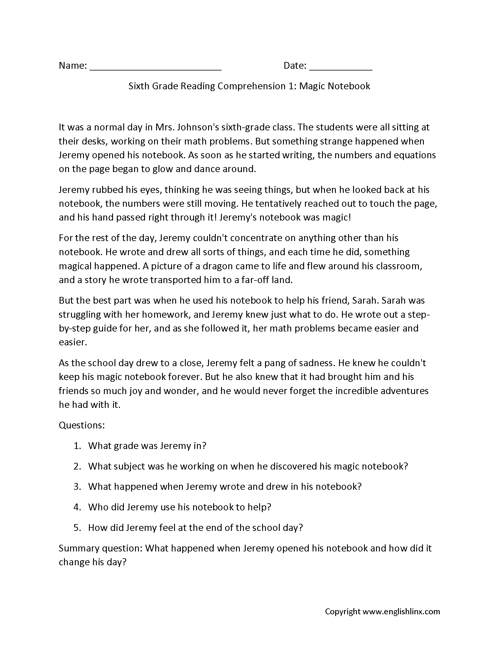 Reading Comprehension Worksheets Sixth Grade Reading Comprehension Worksheets