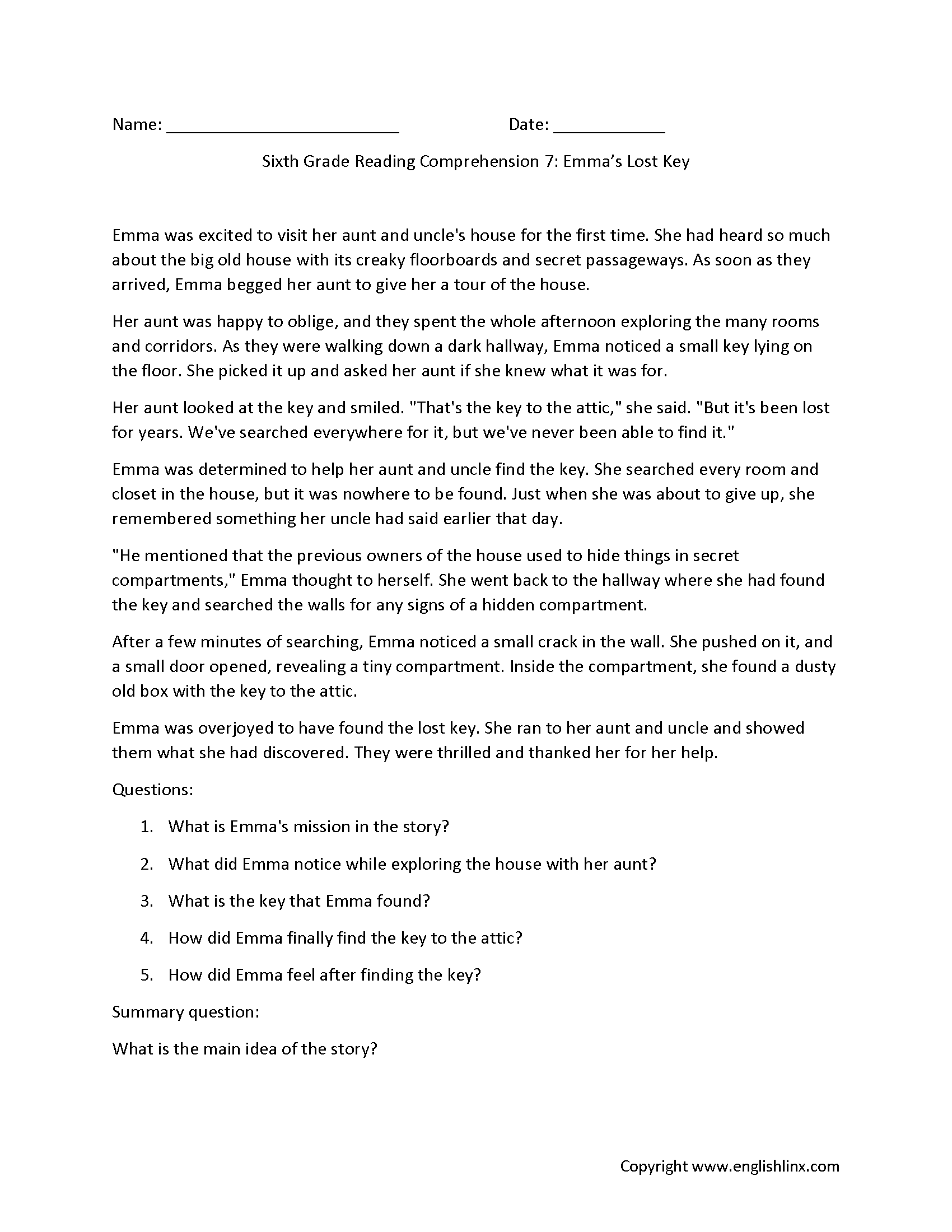 Free Worksheets Reading Comprehension Grade 6