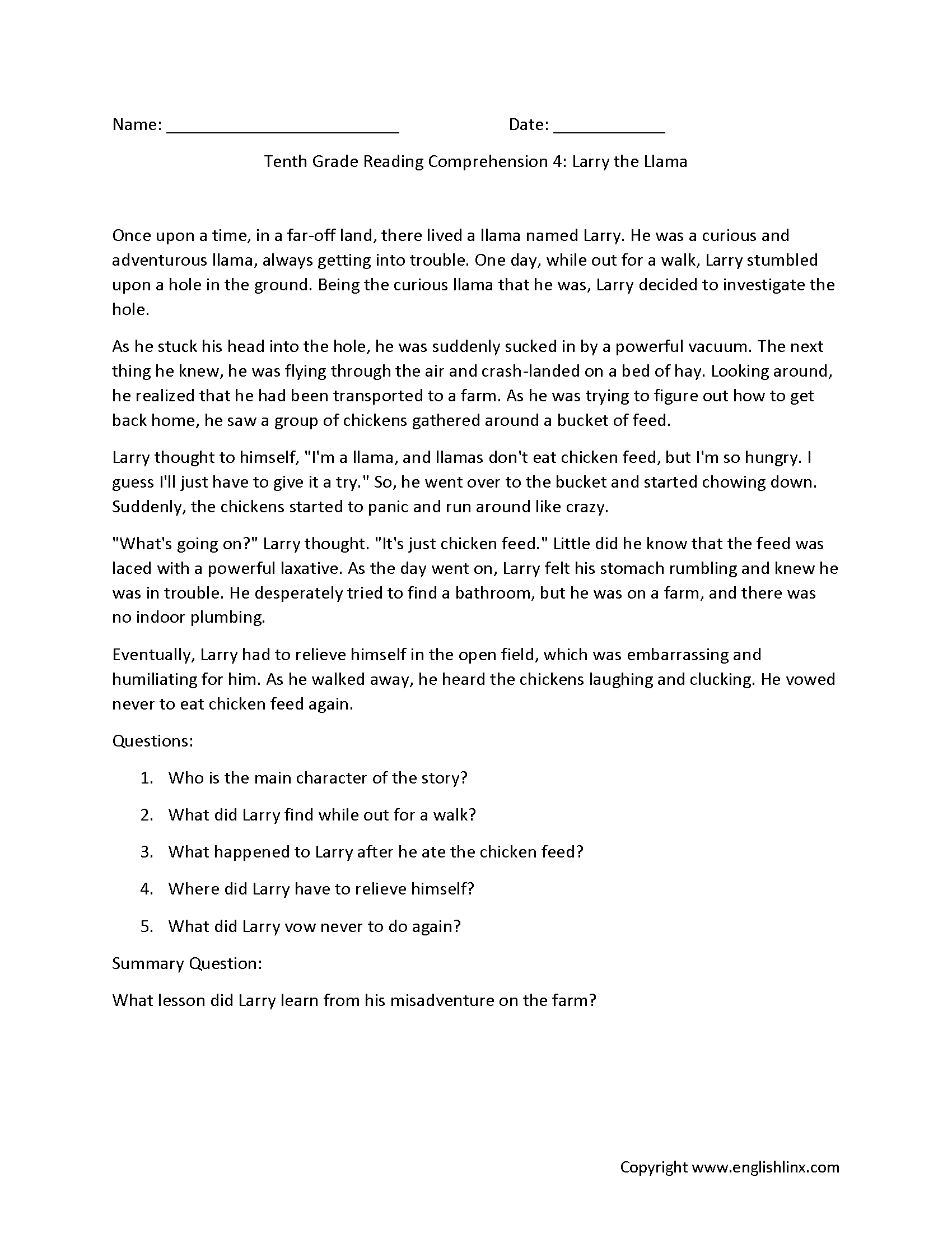 Reading Comprehension Worksheets Tenth Grade Reading Comprehension Worksheets