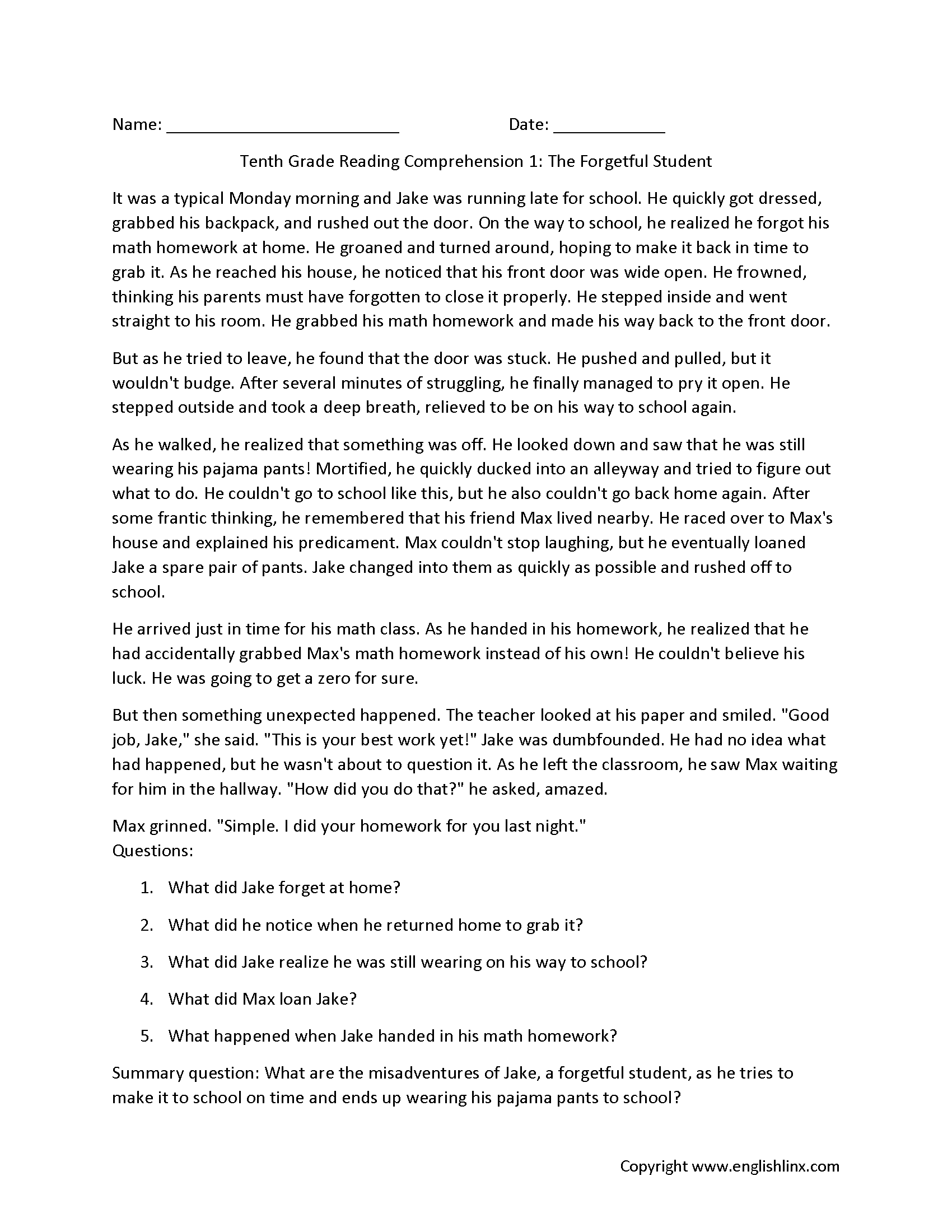 Reading Comprehension Worksheets Tenth Grade Reading Comprehension Worksheets