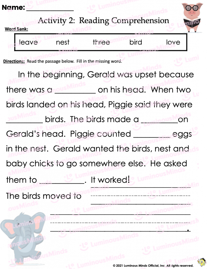 Reading Comprehension Worksheets There Is A Bird On Your Head Book Companion