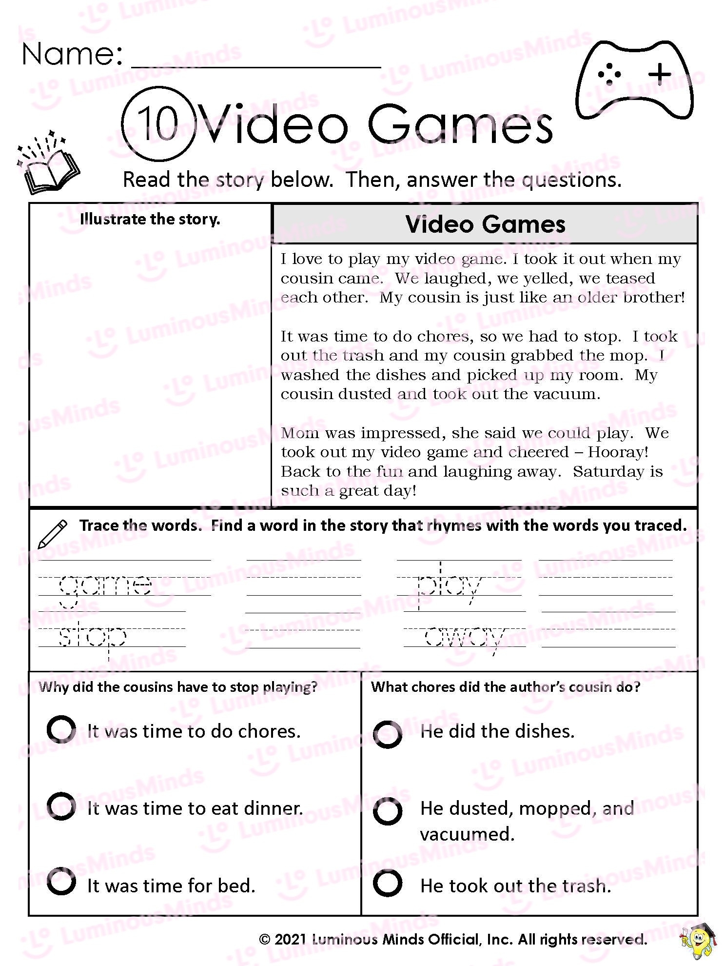Reading Comprehension Worksheets Video Games