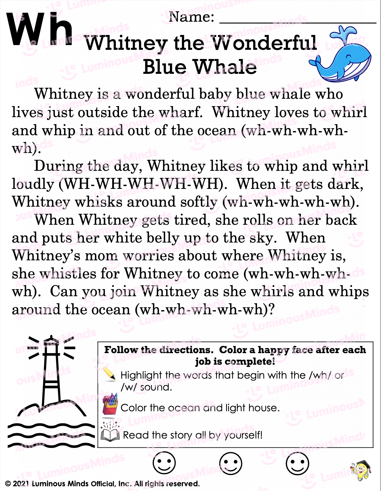 Reading Comprehension Worksheets Whitney The Wonderful Blue Whale Reading Practice With Digraph wh 