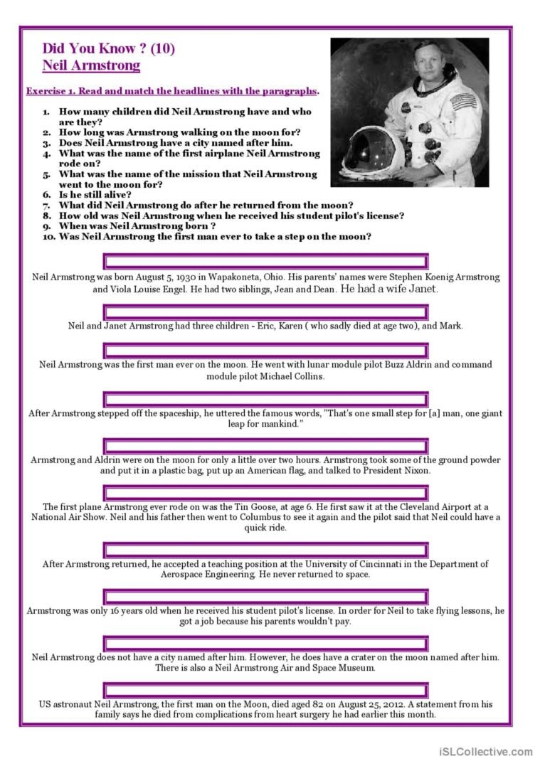 Esl Worksheets Neil Armstrong Reading Comprehension