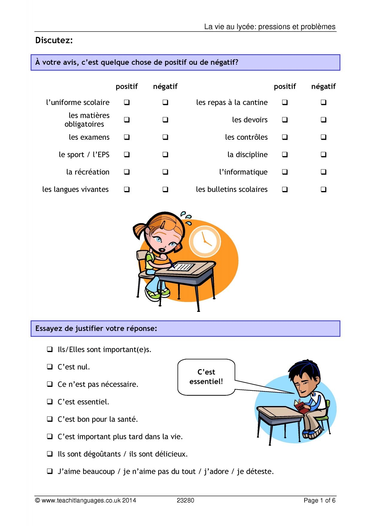 Reading Worksheet School Pressures KS4 French Teaching Resource Teachit