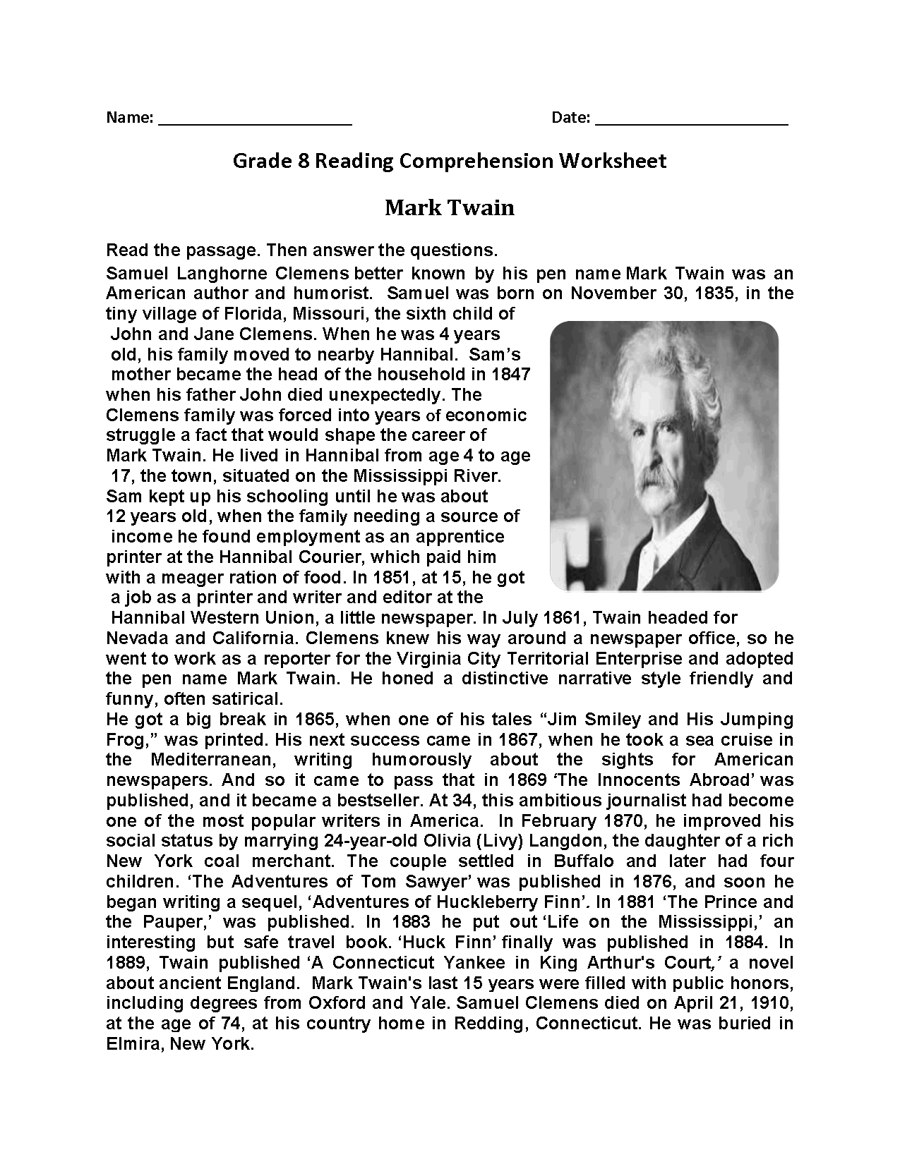 8Th Grade Level Reading Comprehension Worksheets