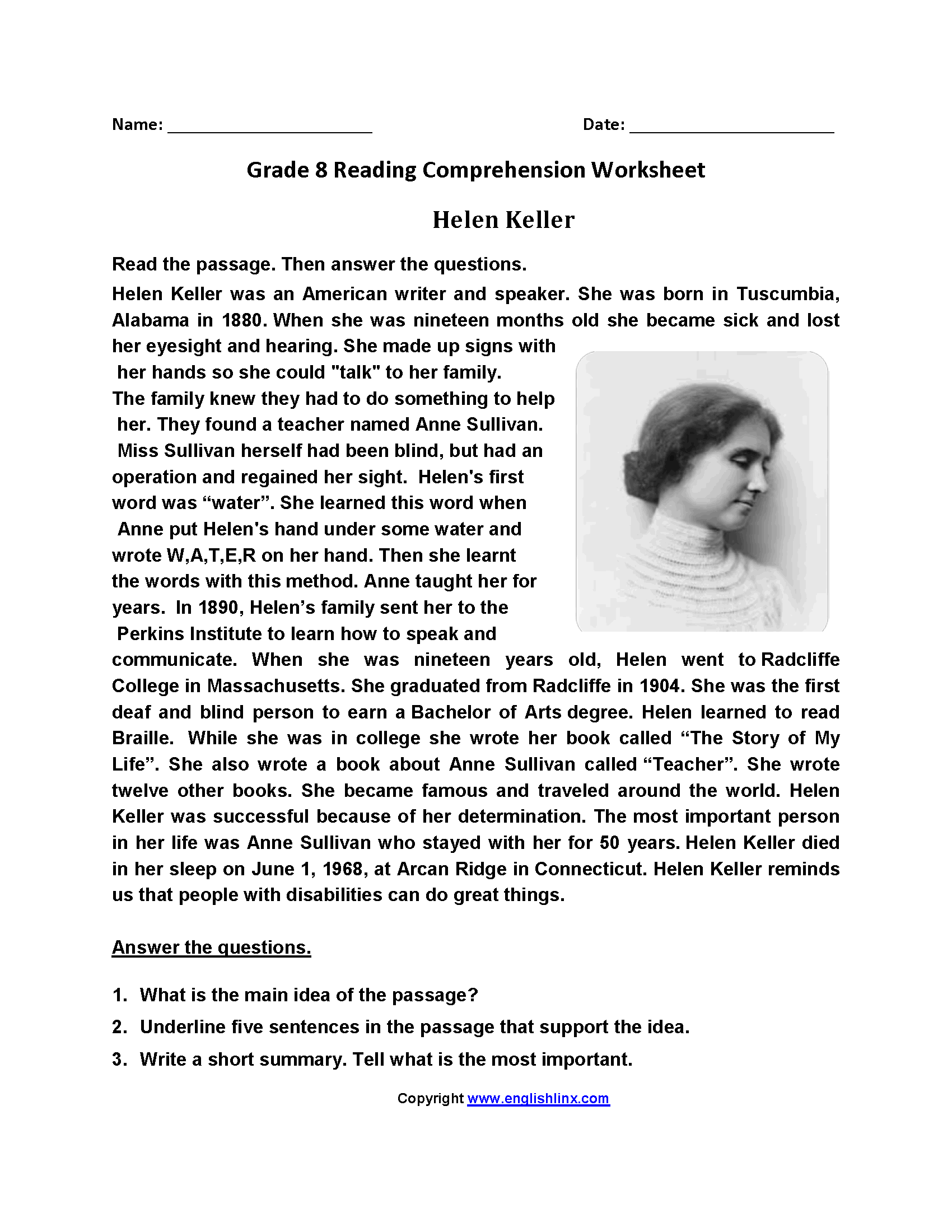 Grade 8 English Reading Comprehension Worksheets