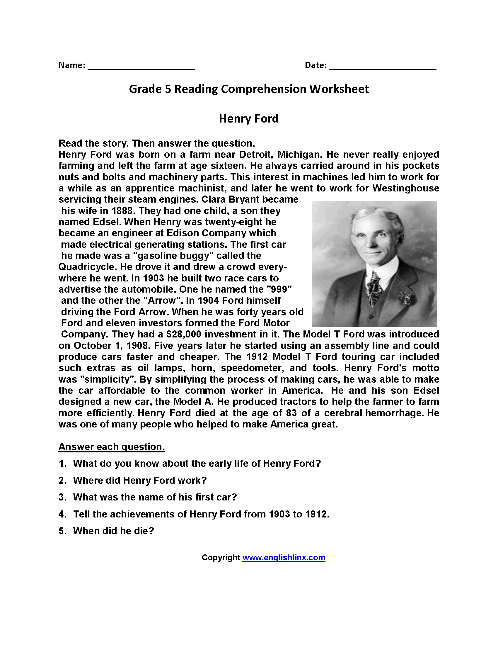 5Th Reading Comprehension Worksheets Pdf