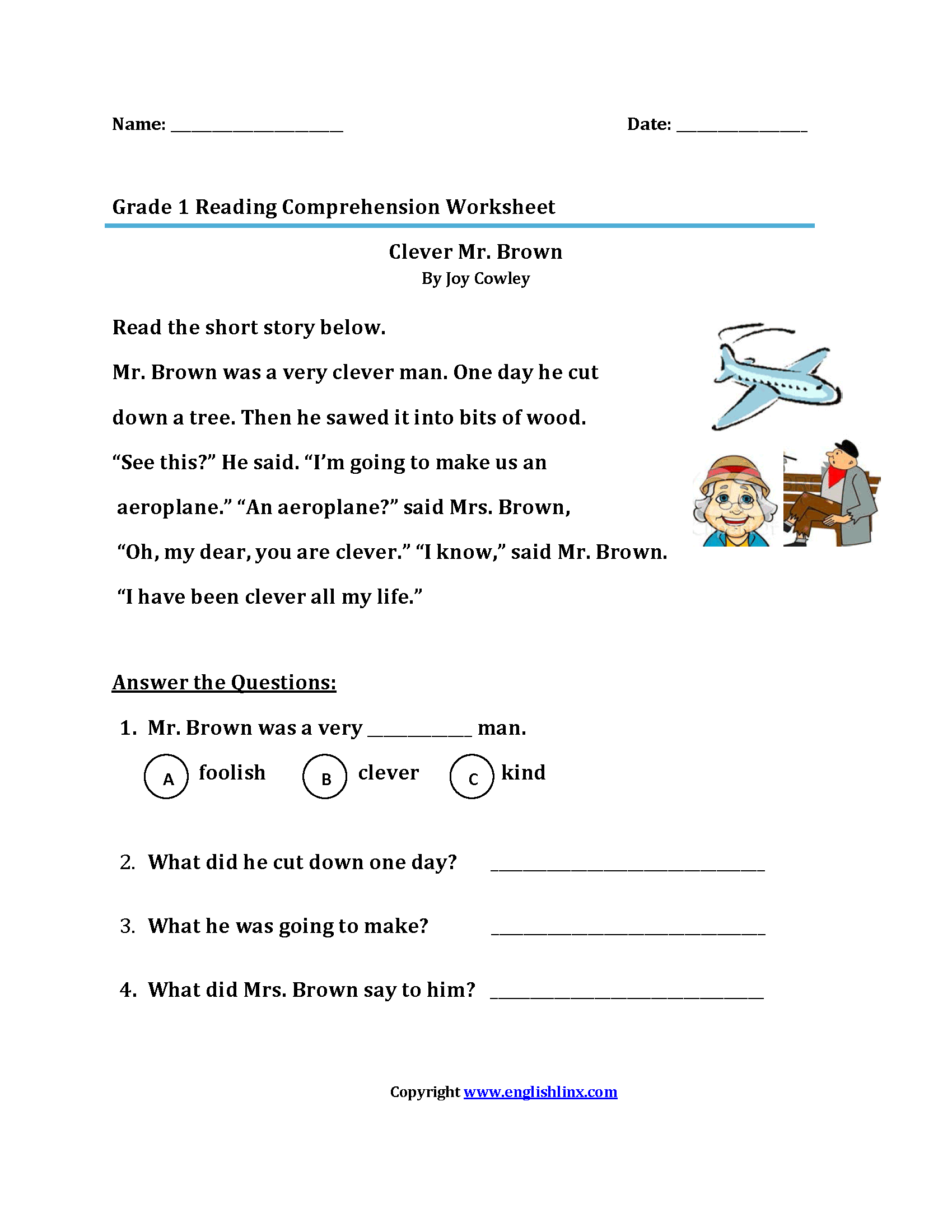 Free 1St Grade Worksheets Reading Comprehension