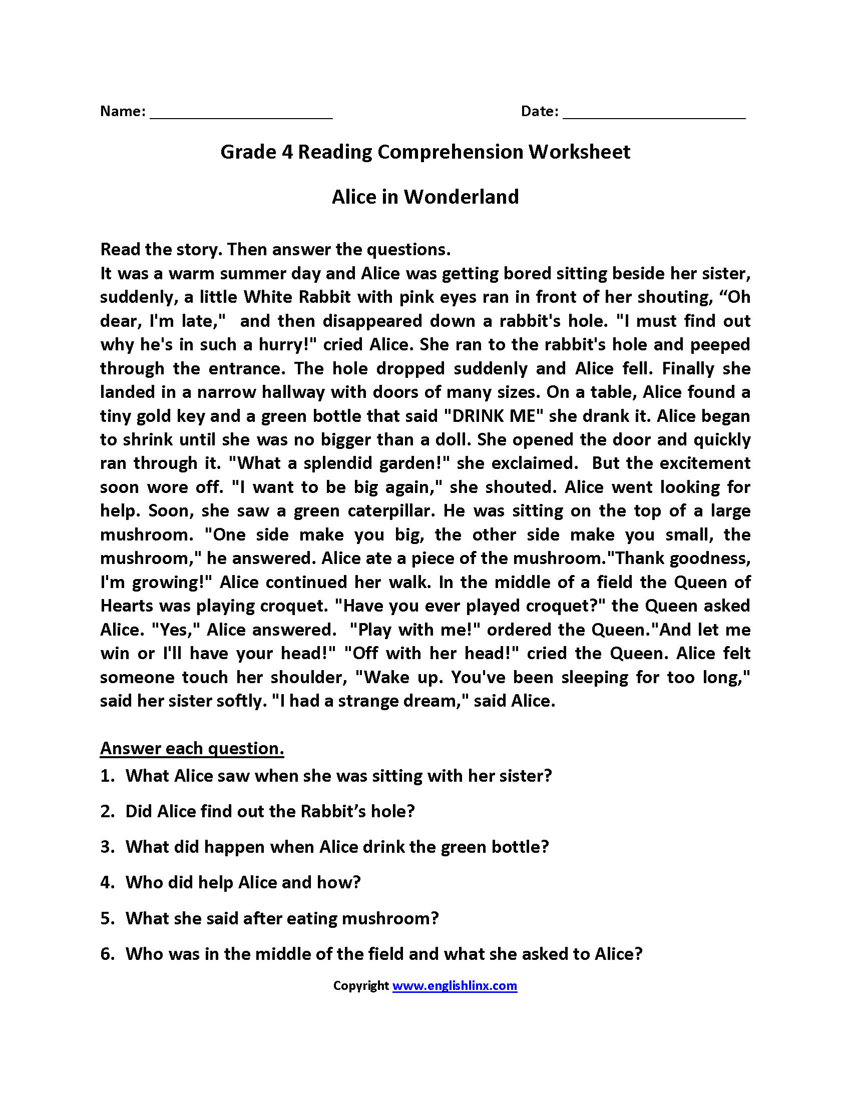 Beginning 4Th Grade Reading Comprehension Worksheets
