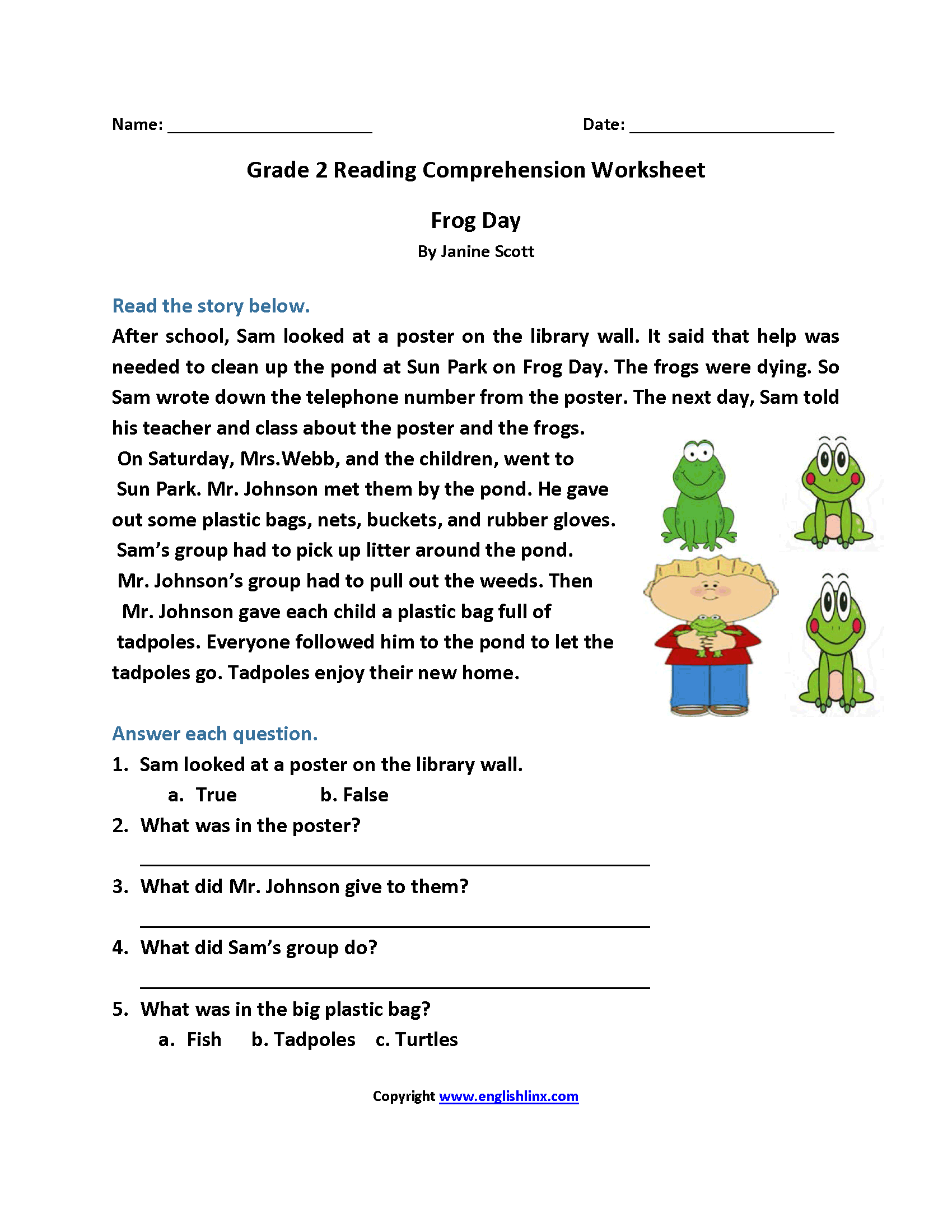 Grade 2 Worksheets Reading Comprehension
