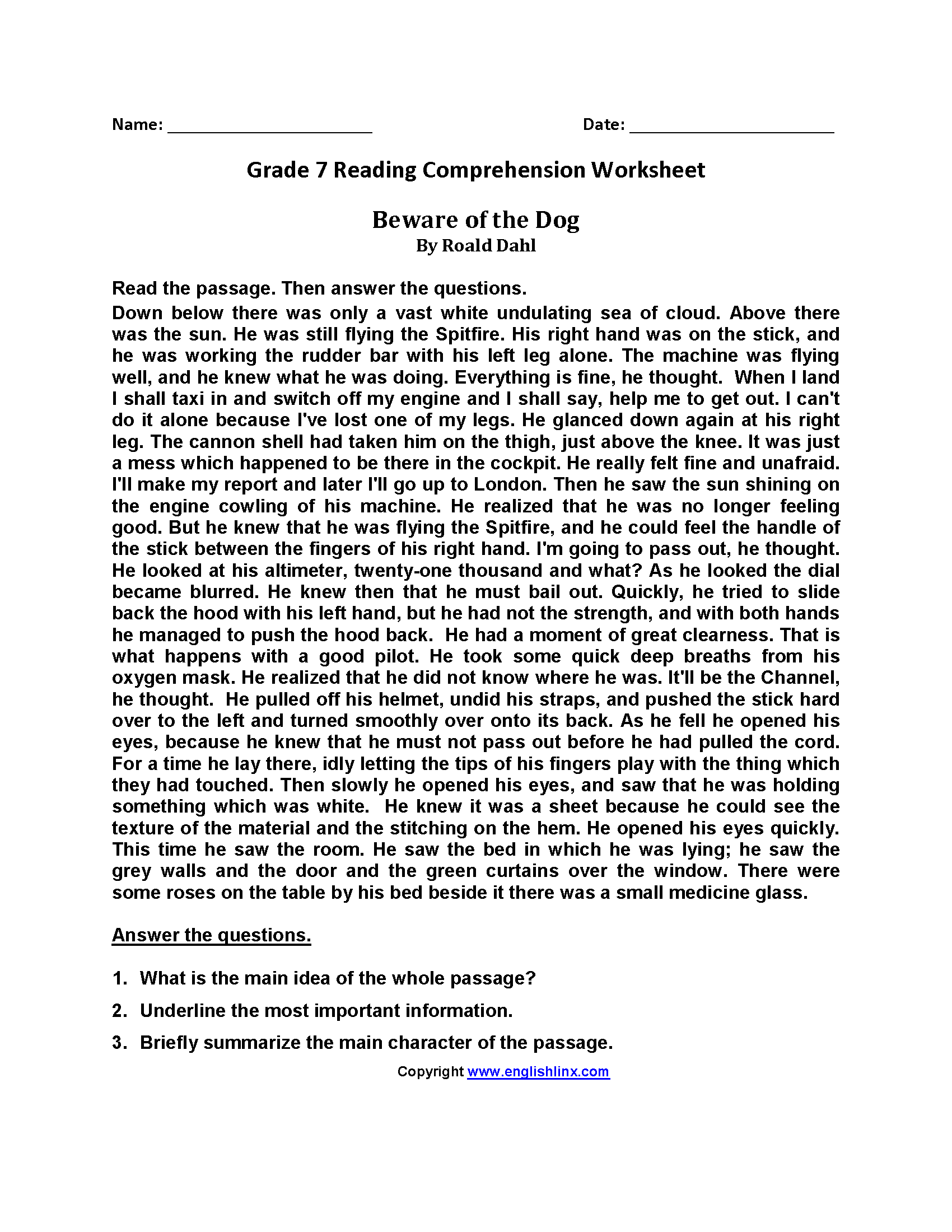 Reading Worksheets Seventh Grade Reading Worksheets