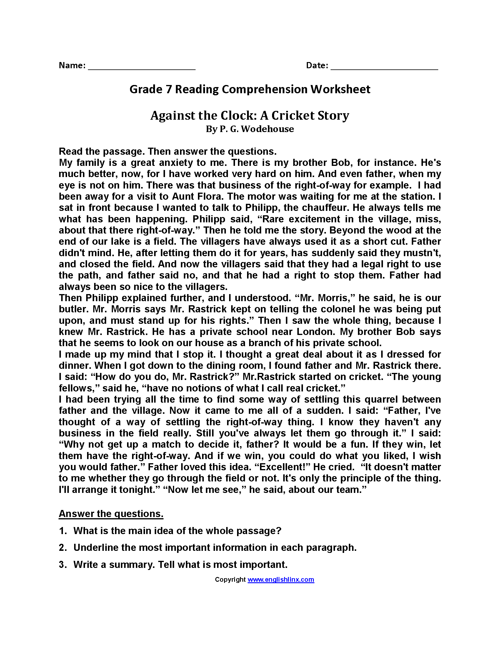 Reading Worksheets Seventh Grade Reading Worksheets
