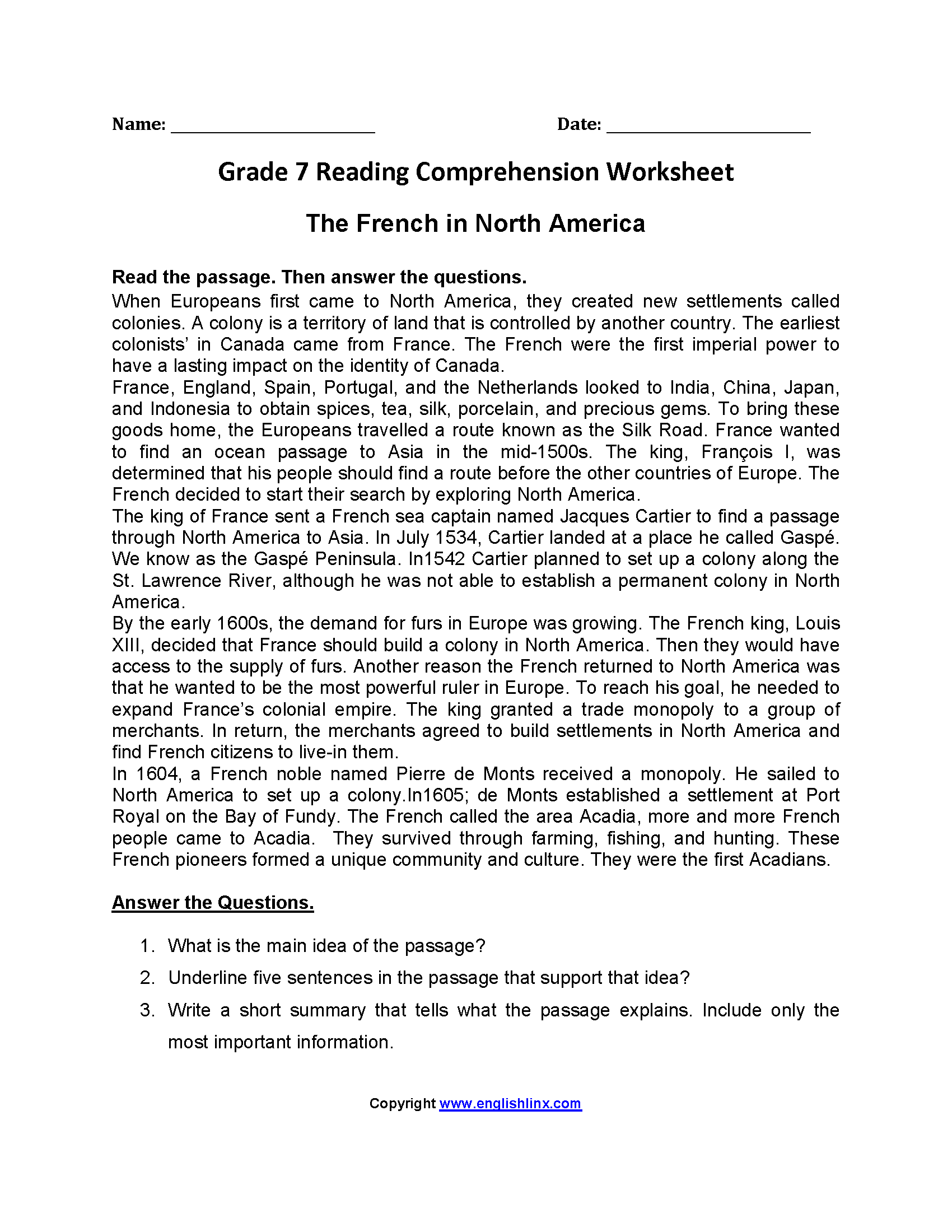 Grade 7 French Reading Comprehension Worksheets