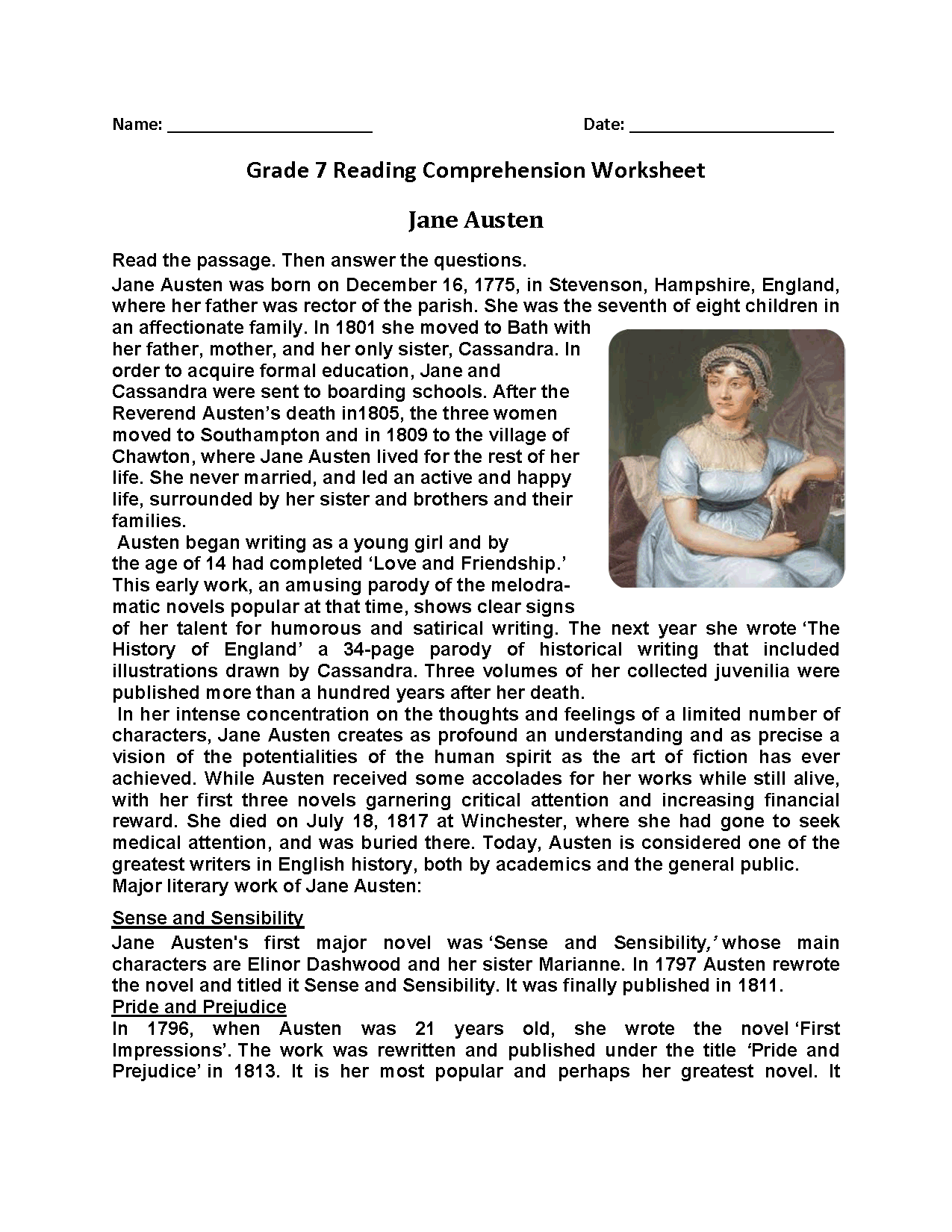 English Reading Comprehension Worksheets Year 7