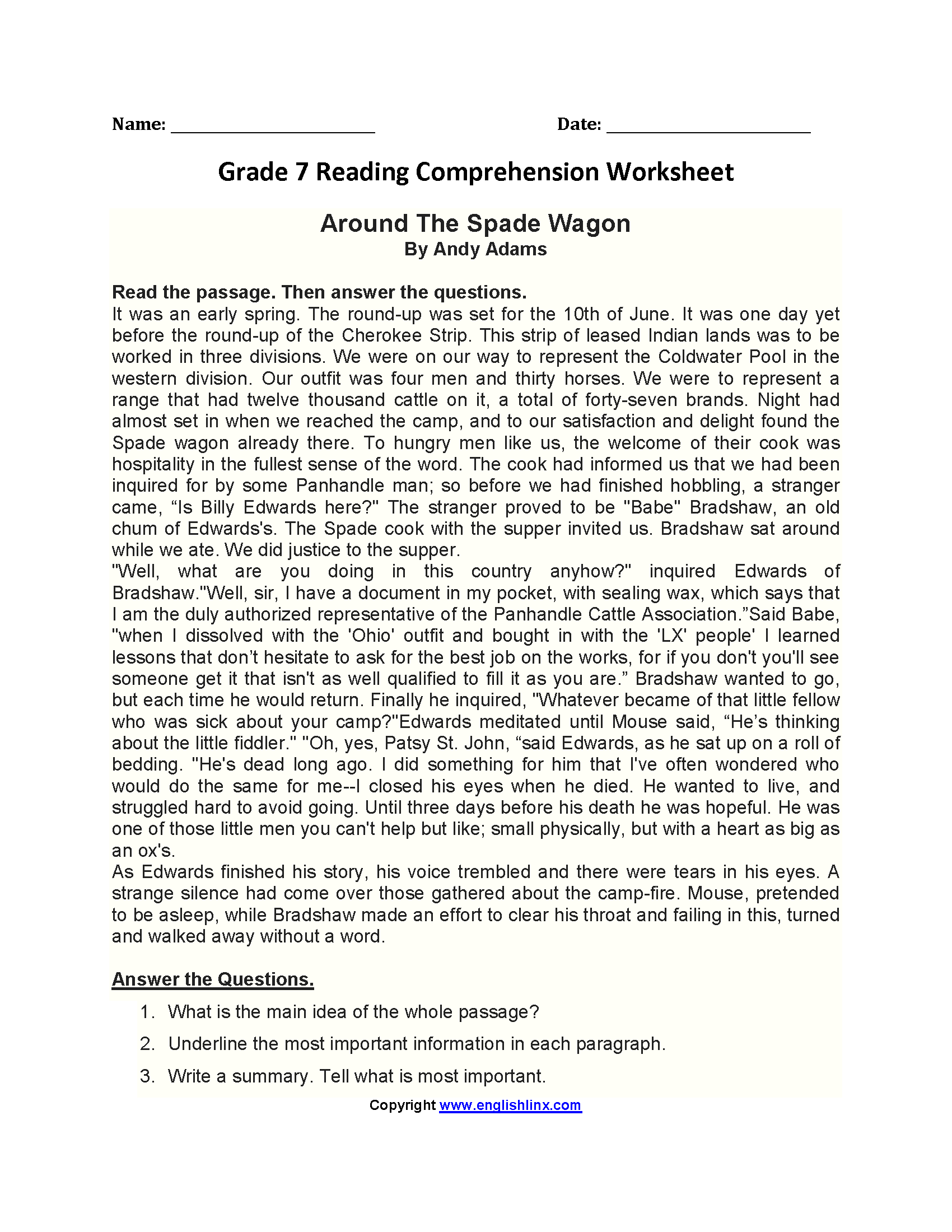 Reading Worksheets Seventh Grade Reading Worksheets