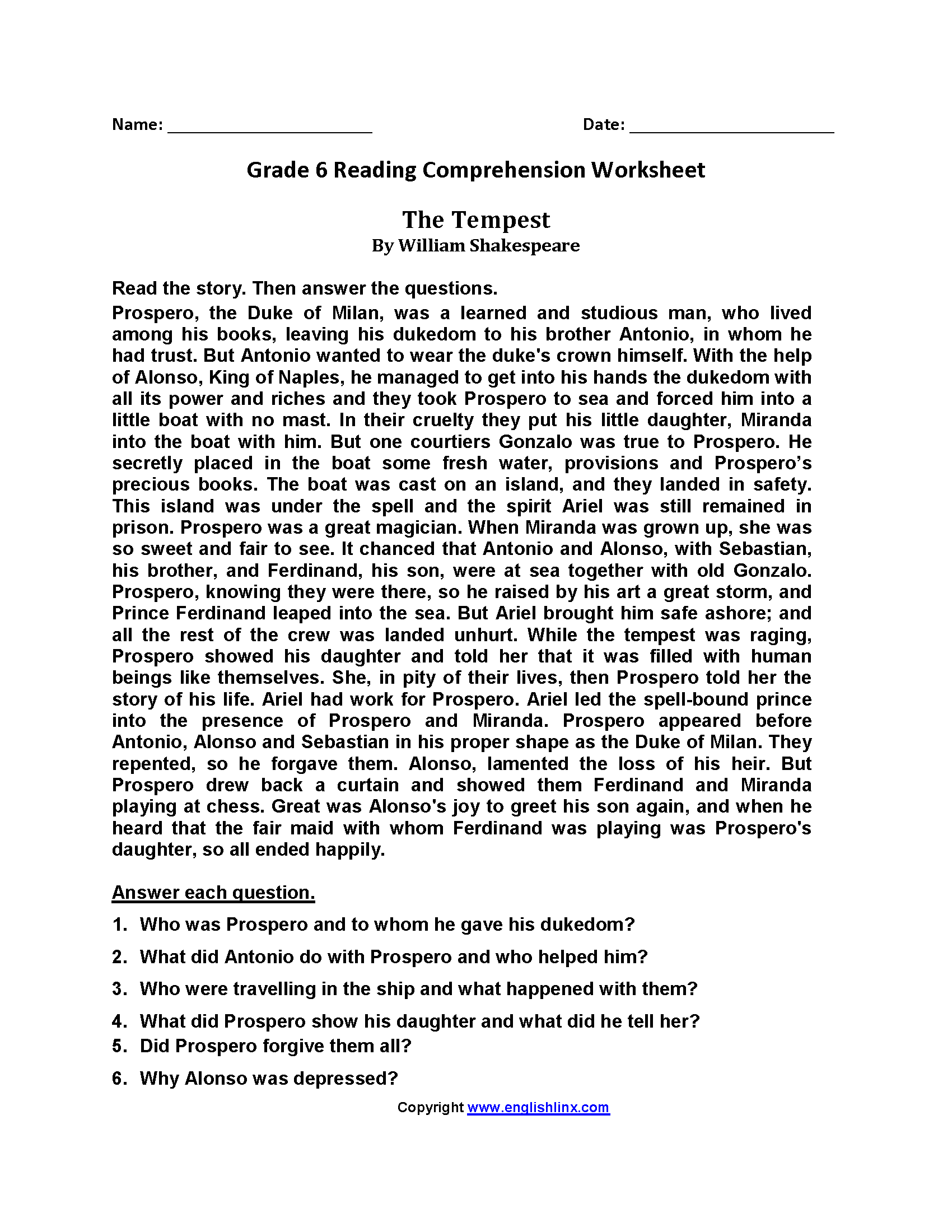 6Th Grade Fiction Reading Comprehension Worksheets