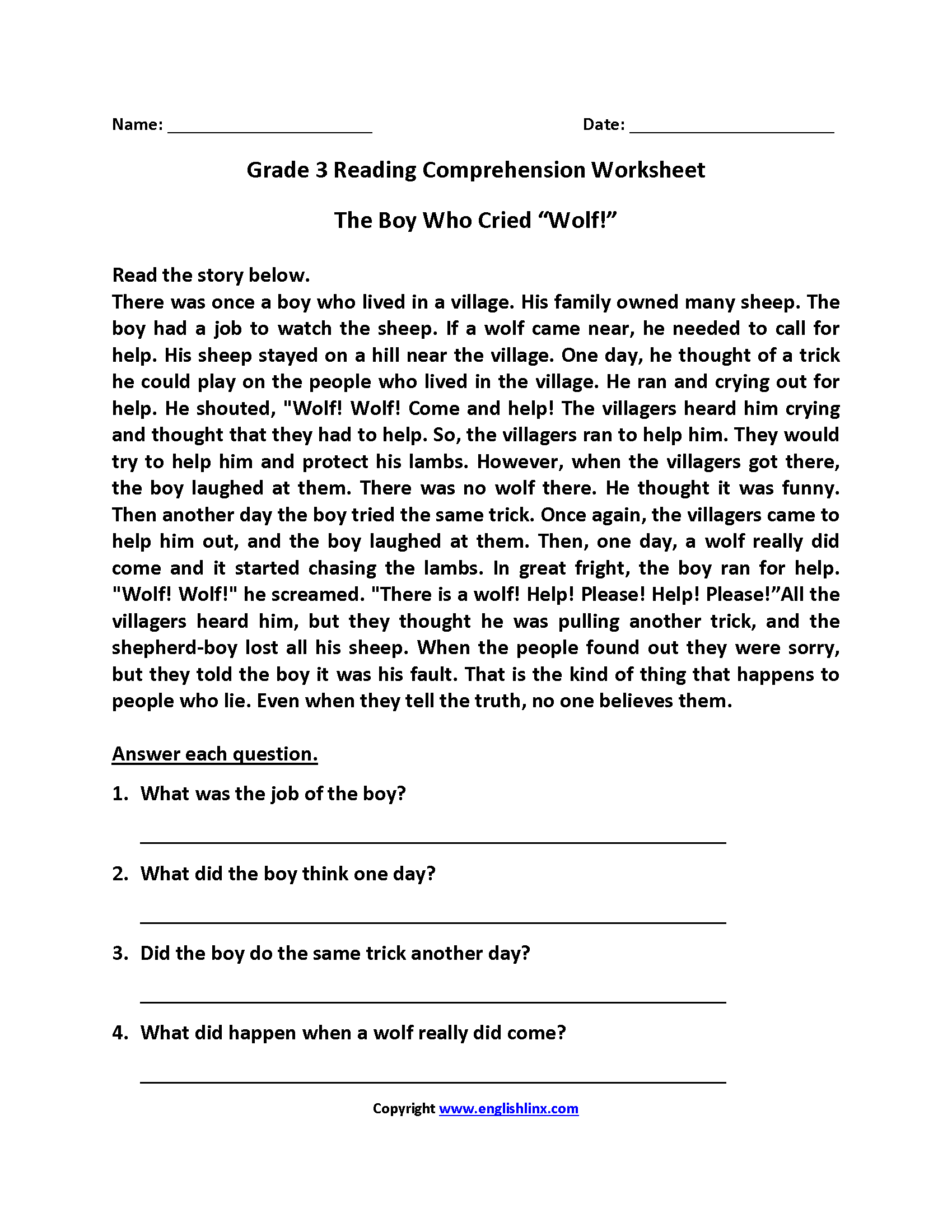 Reading Worksheets Third Grade Reading Worksheets