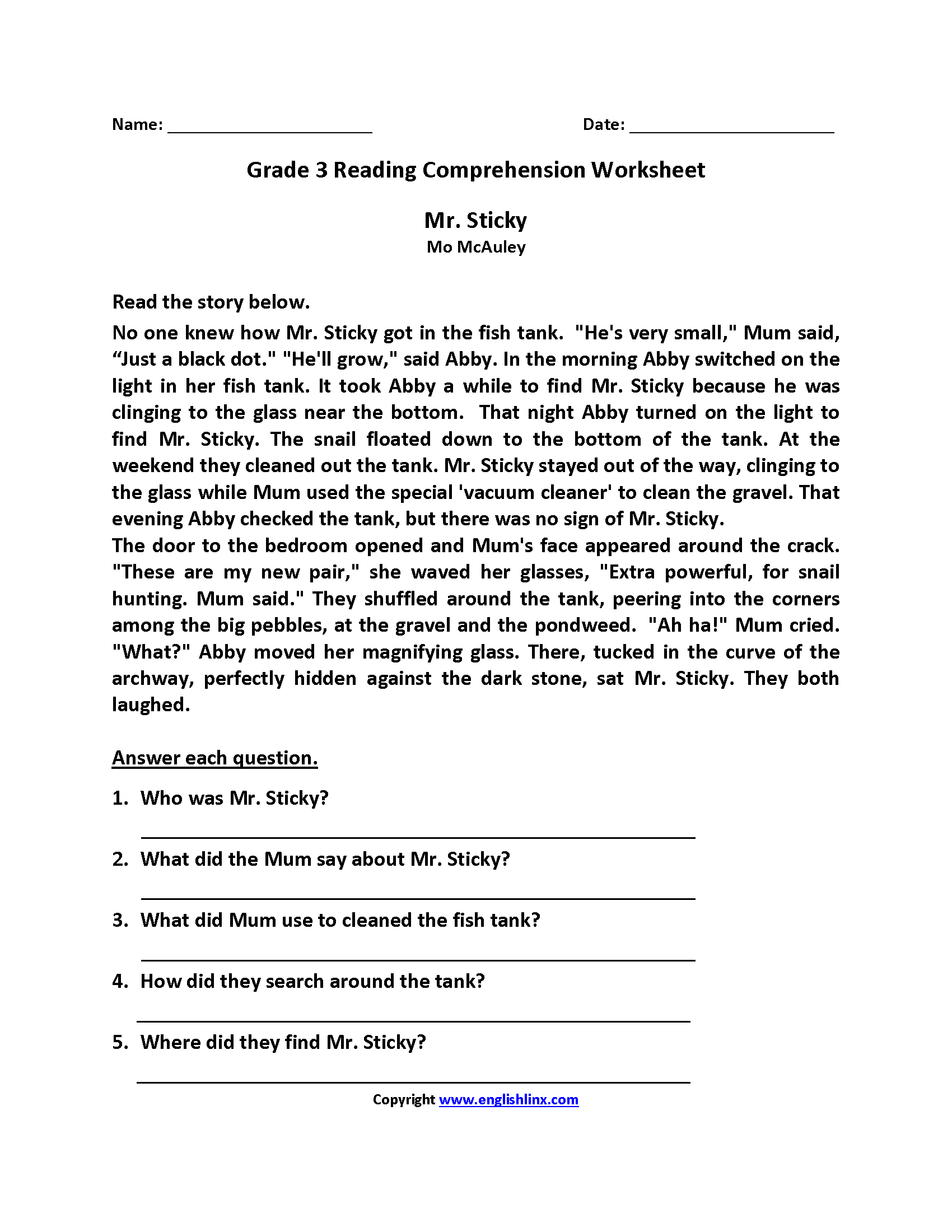 Reading Worksheets Third Grade Reading Worksheets